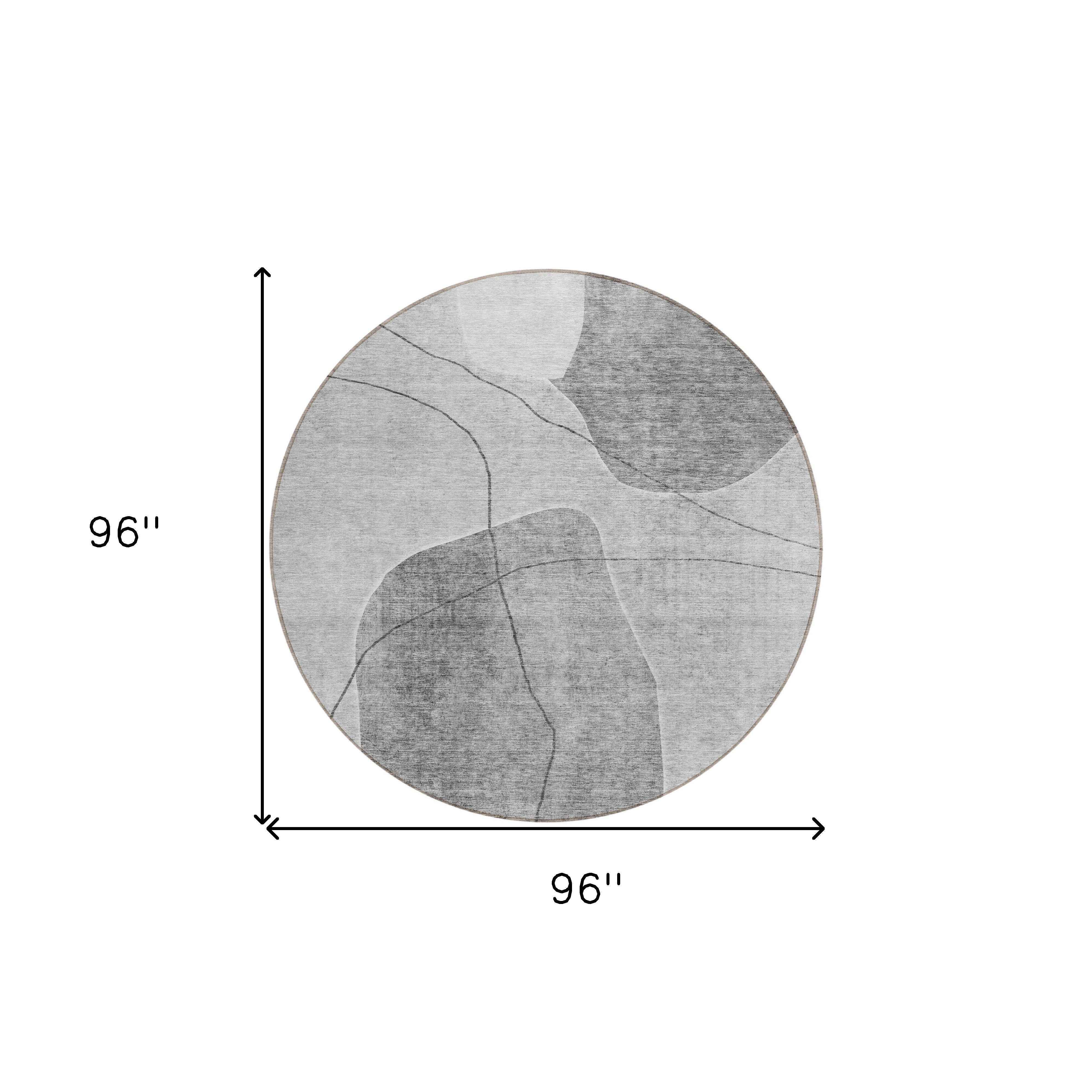 8' Gray Charcoal And Silver Round Abstract Washable Indoor Outdoor Area Rug