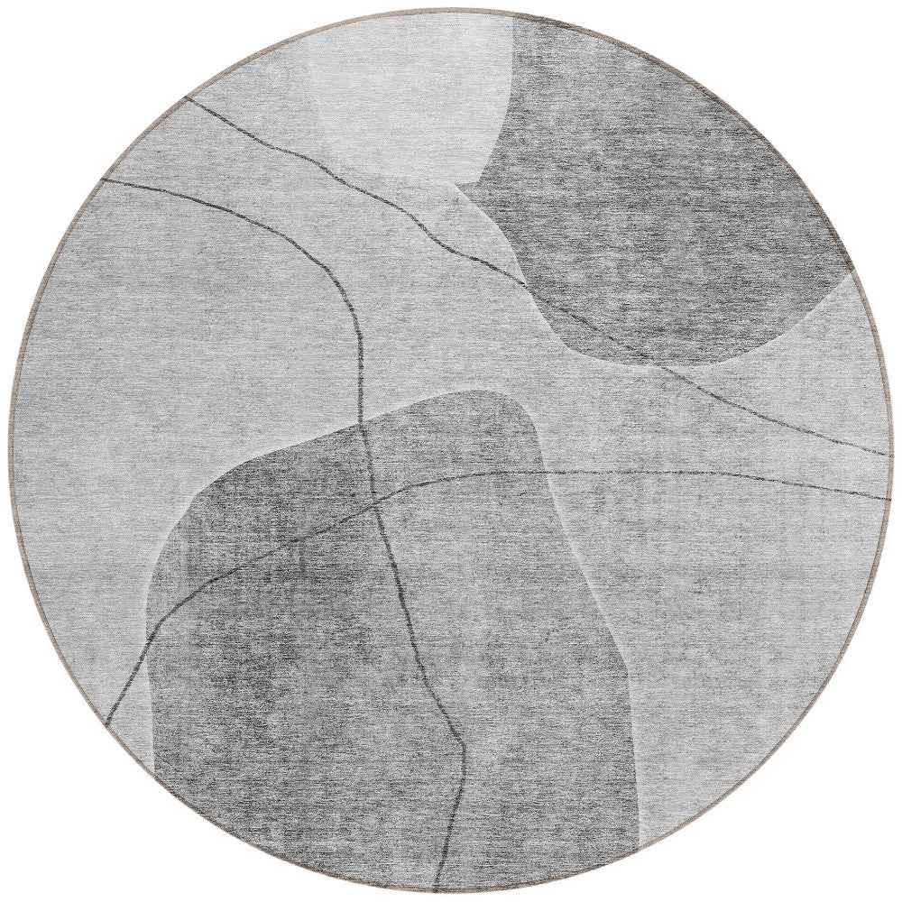 8' Gray Charcoal And Silver Round Abstract Washable Indoor Outdoor Area Rug