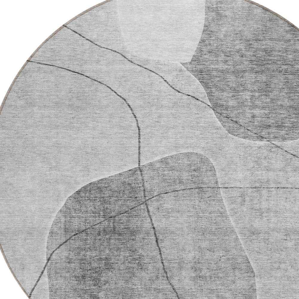 8' Gray Charcoal And Silver Round Abstract Washable Indoor Outdoor Area Rug