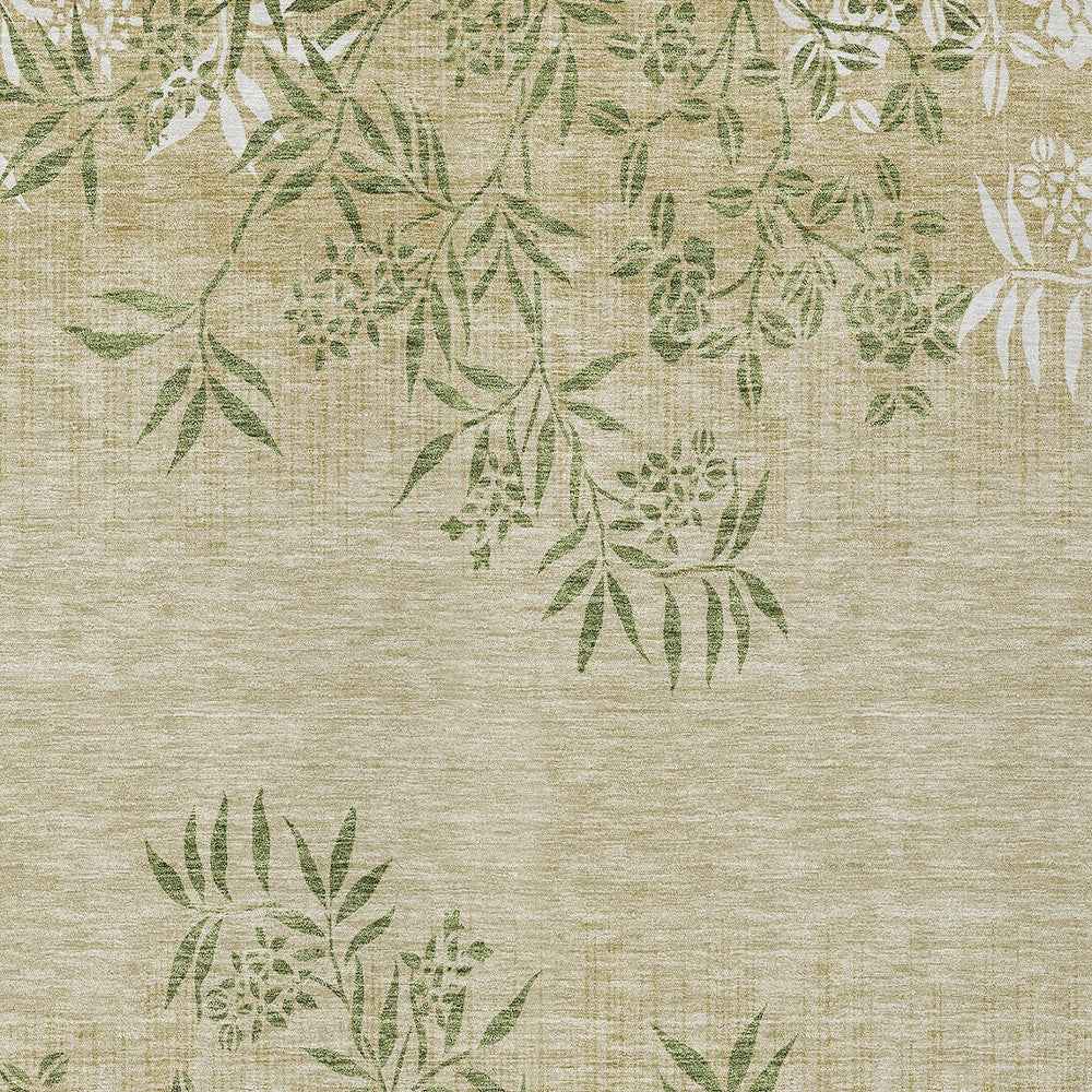 8' X 10' Khaki Ivory And Green Floral Washable Indoor Outdoor Area Rug