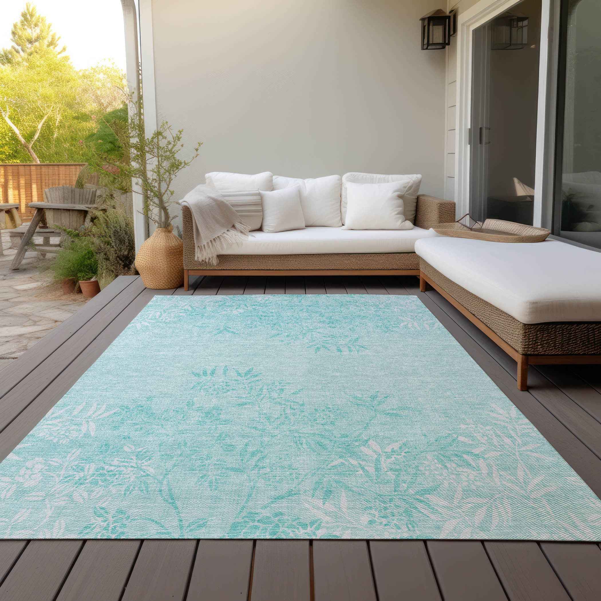 3' X 5' Teal Blue Aqua And Ivory Floral Washable Indoor Outdoor Area Rug