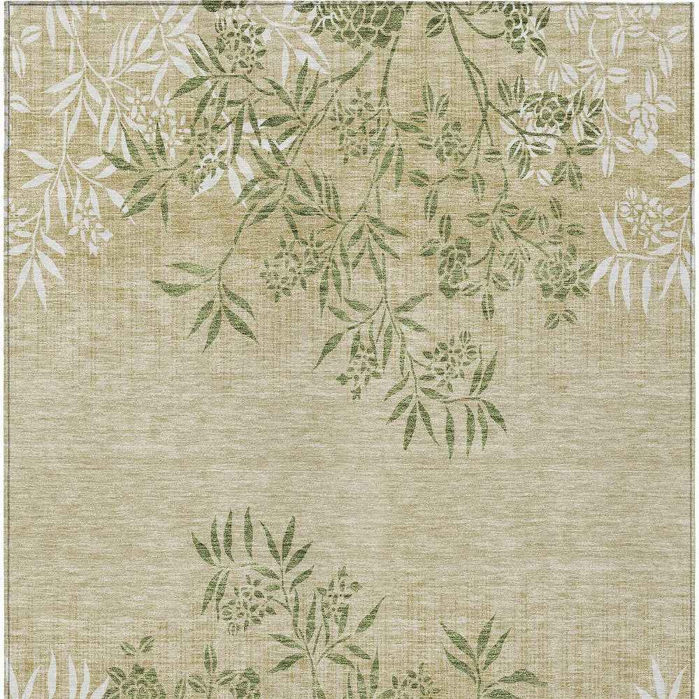 8' X 10' Khaki Ivory And Green Floral Washable Indoor Outdoor Area Rug