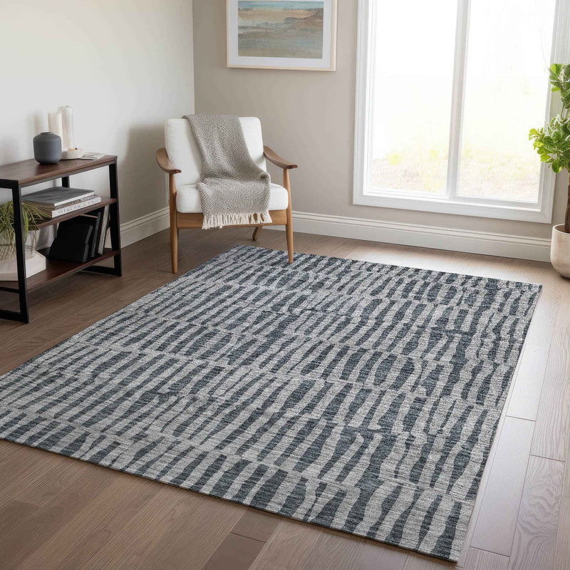 3' X 5' Charcoal And Gray Striped Washable Indoor Outdoor Area Rug