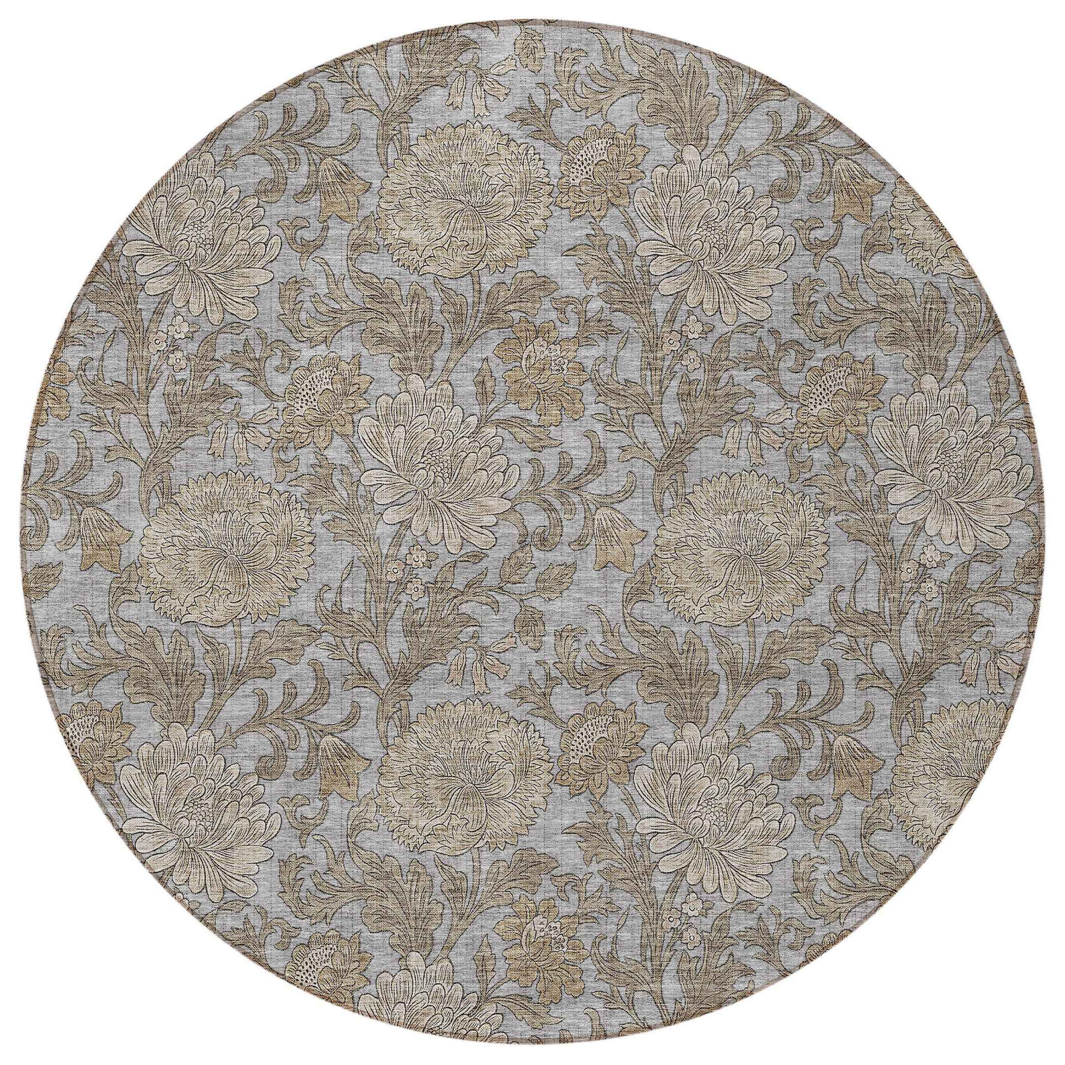 8' Gray Silver And Taupe Round Floral Washable Indoor Outdoor Area Rug