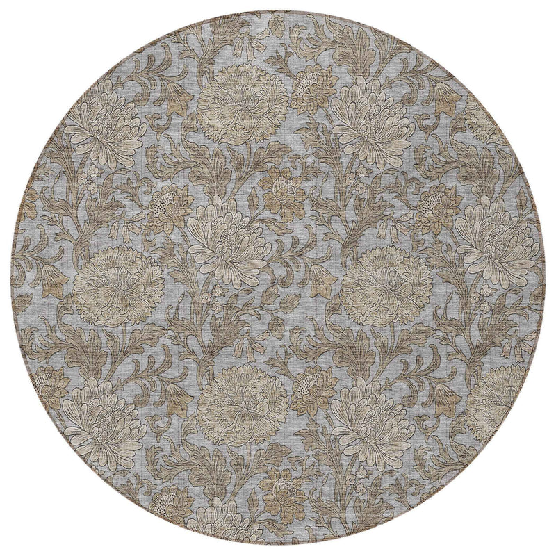 8' Gray Silver And Taupe Round Floral Washable Indoor Outdoor Area Rug