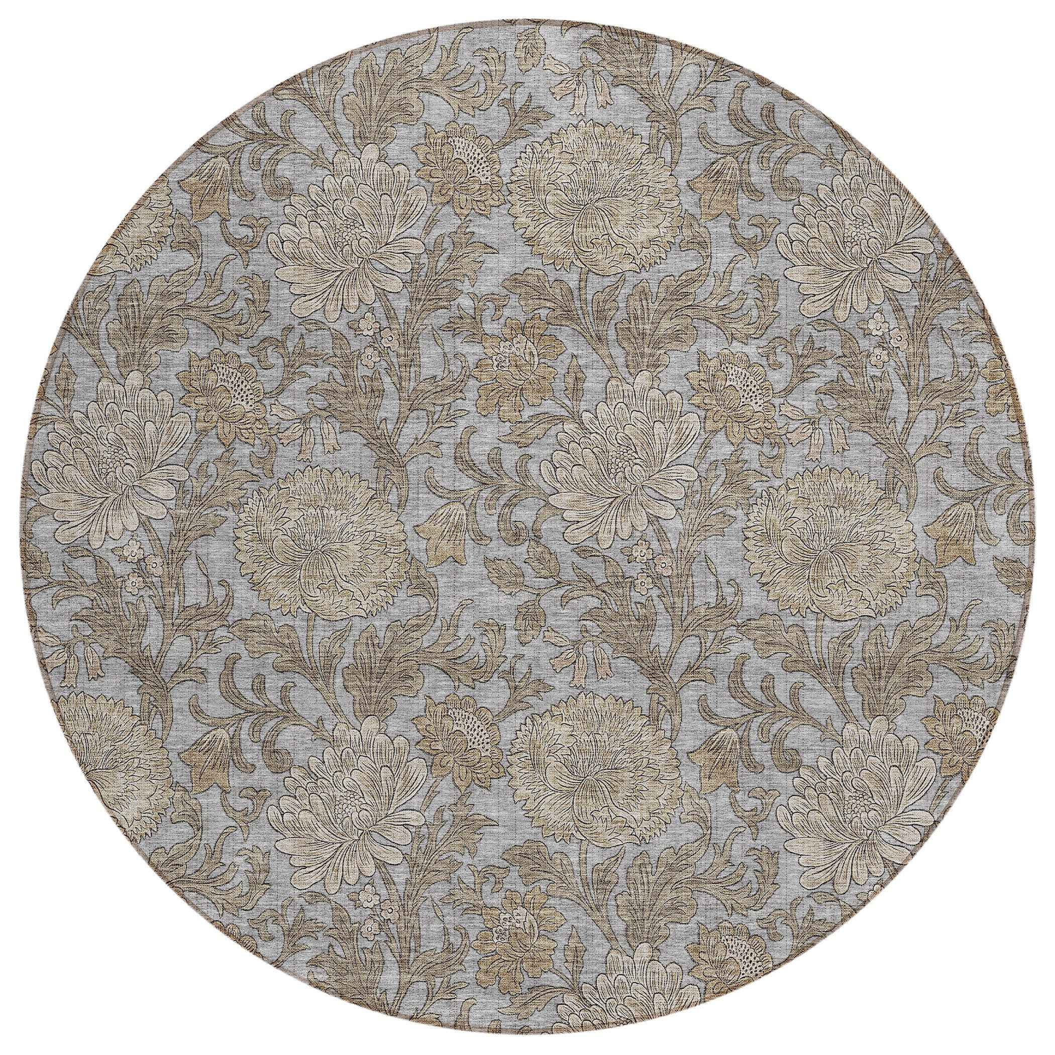 8' Gray Silver And Taupe Round Floral Washable Indoor Outdoor Area Rug