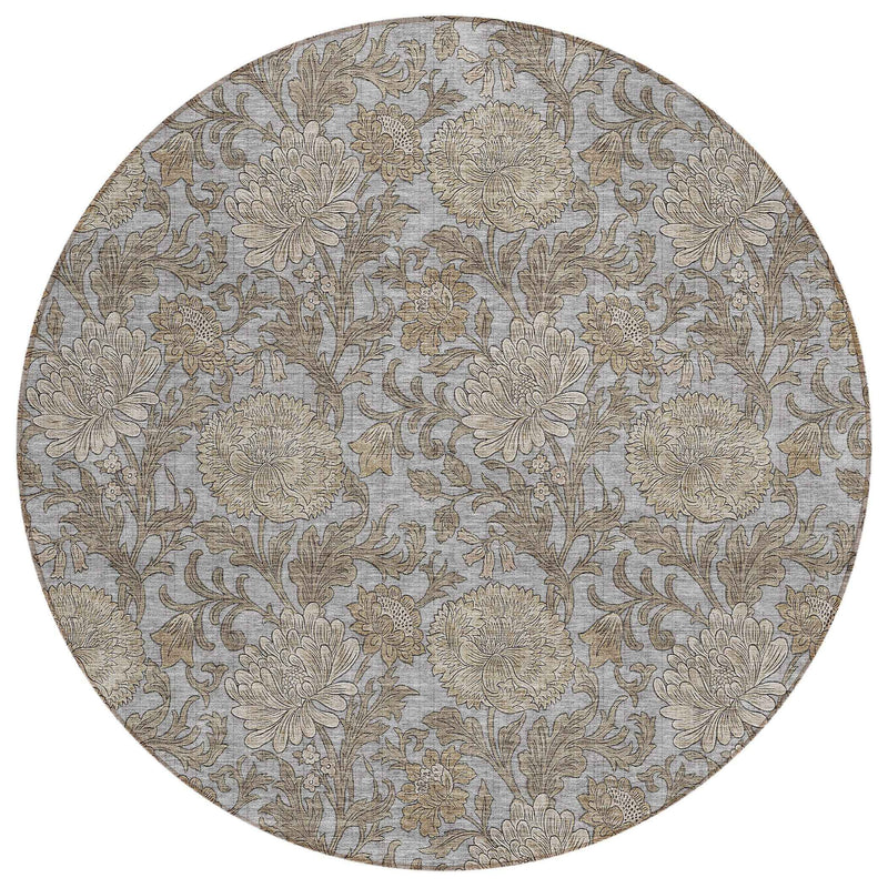 8' Gray Silver And Taupe Round Floral Washable Indoor Outdoor Area Rug