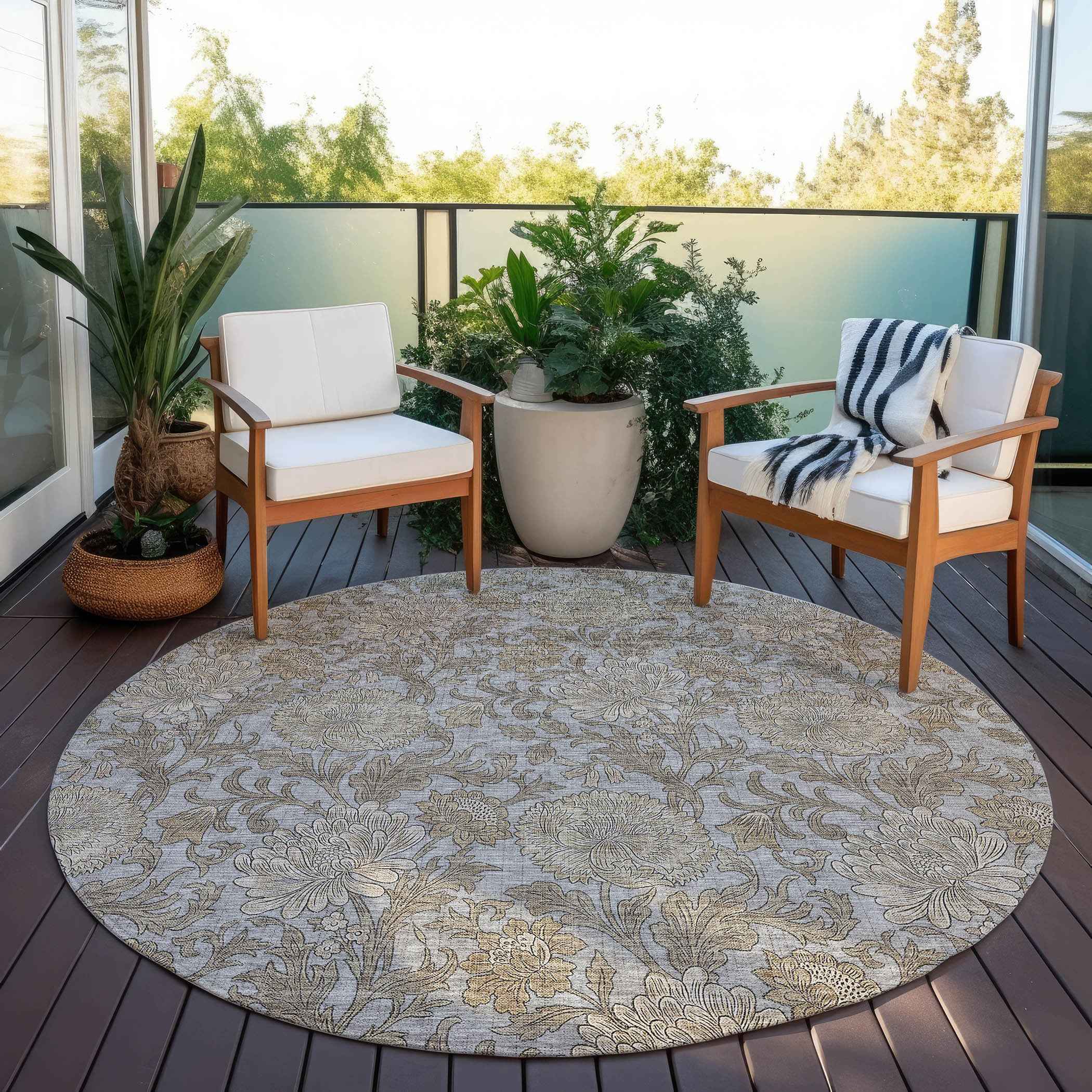 8' Gray Silver And Taupe Round Floral Washable Indoor Outdoor Area Rug