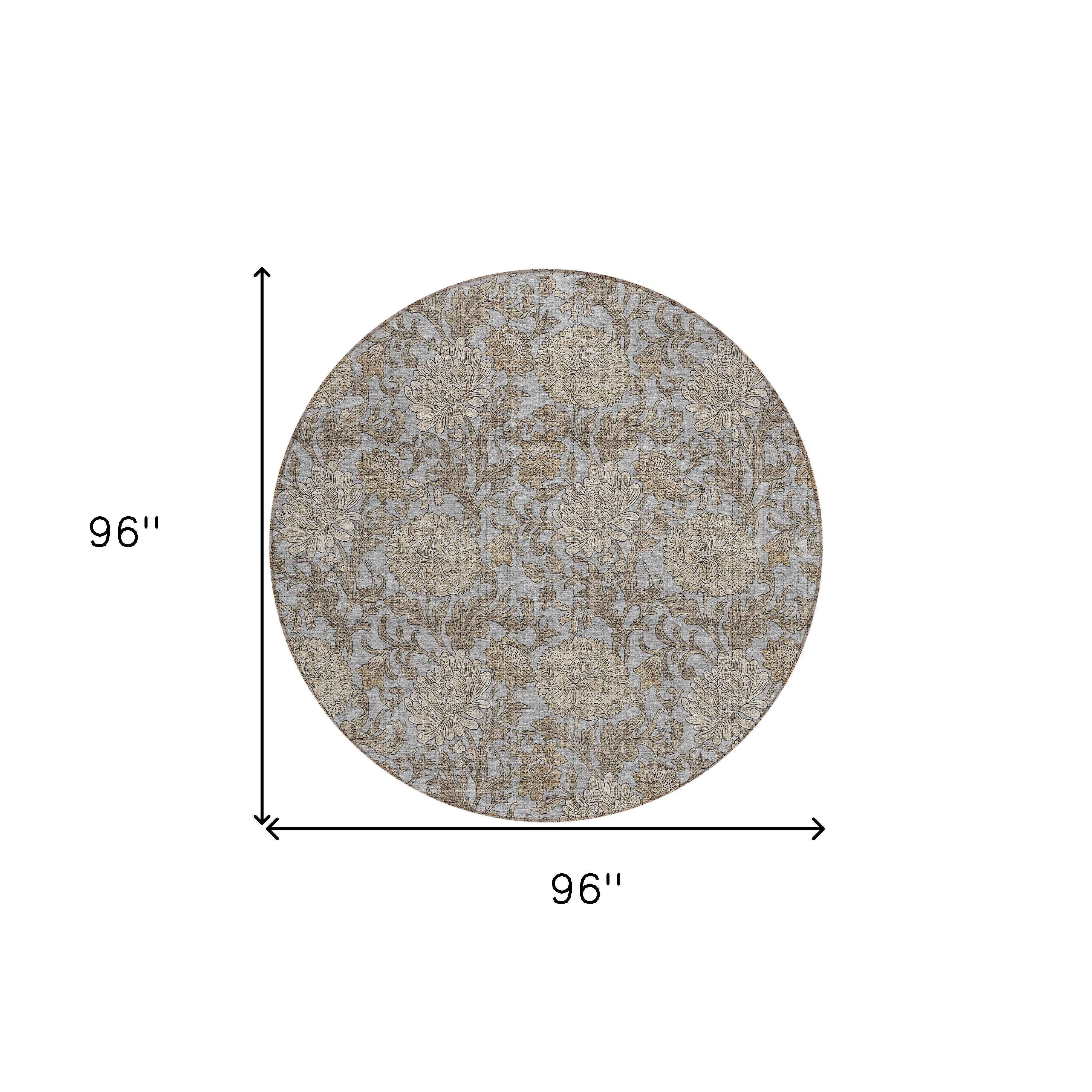 8' Gray Silver And Taupe Round Floral Washable Indoor Outdoor Area Rug