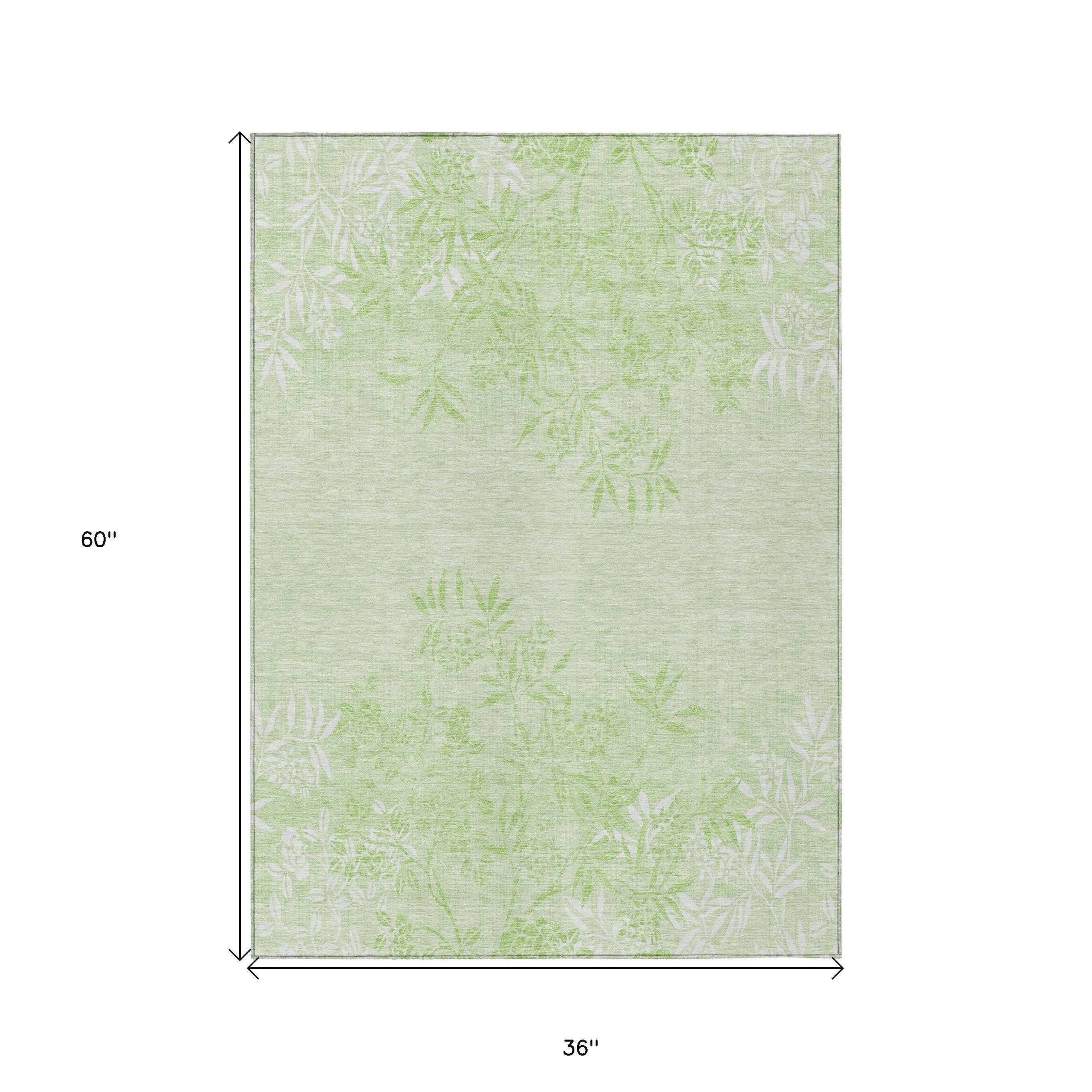 3' X 5' Mint Green Artichoke Green And Ivory Floral Washable Indoor Outdoor Area Rug