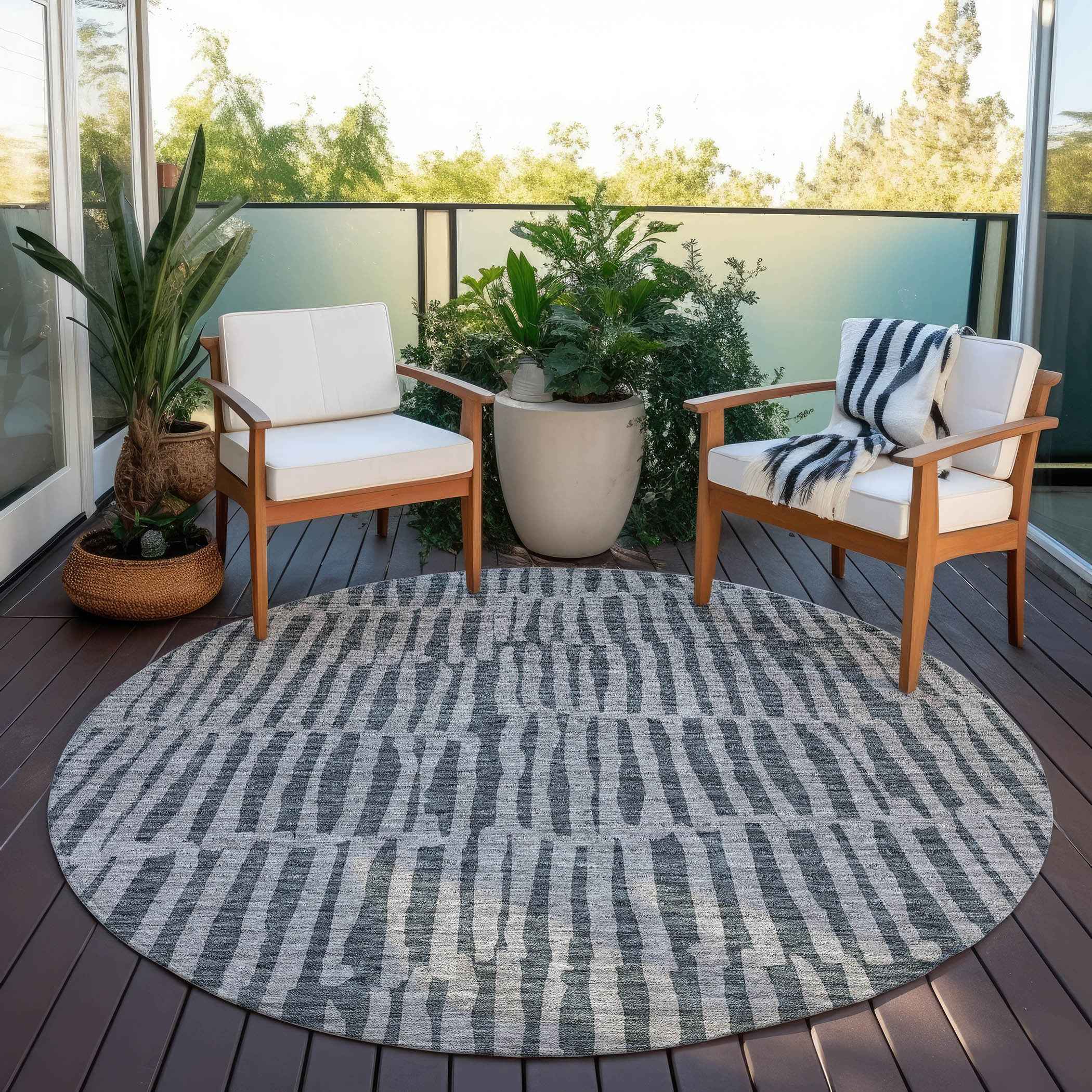 8' Charcoal And Gray Round Striped Washable Indoor Outdoor Area Rug