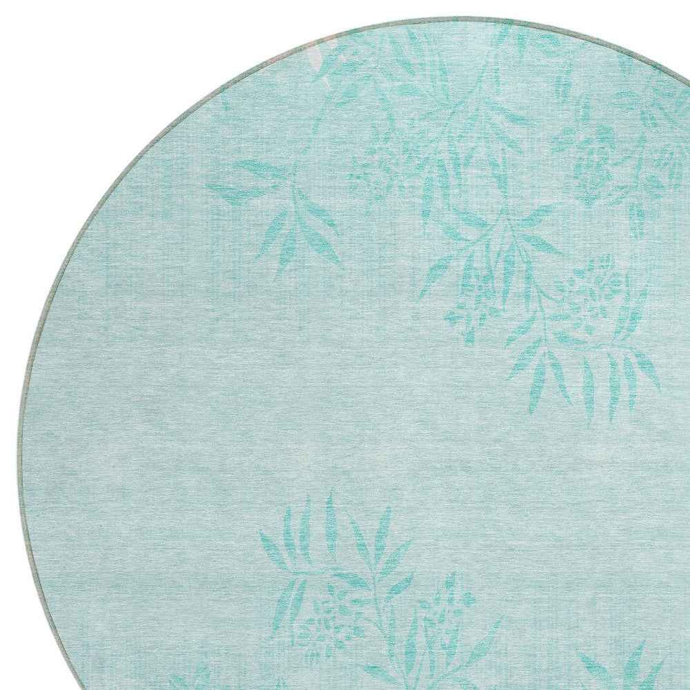 8' Teal Blue Aqua And Ivory Round Floral Washable Indoor Outdoor Area Rug