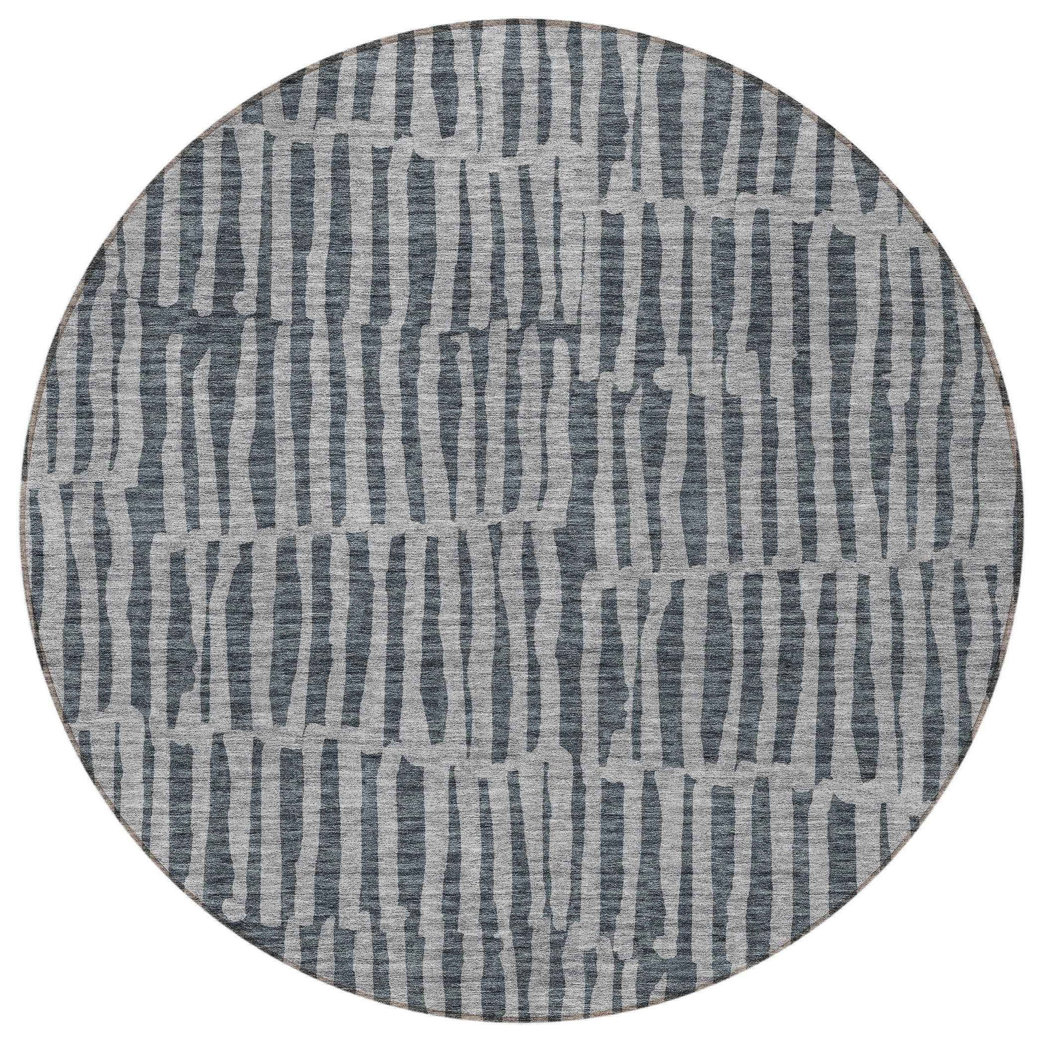 8' Charcoal And Gray Round Striped Washable Indoor Outdoor Area Rug