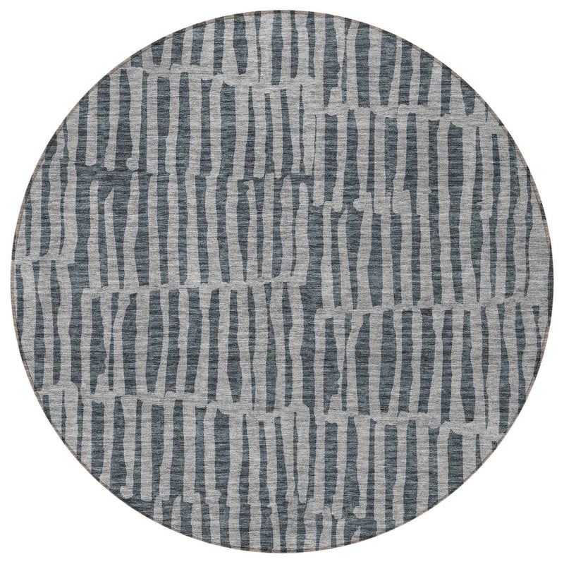 8' Charcoal And Gray Round Striped Washable Indoor Outdoor Area Rug