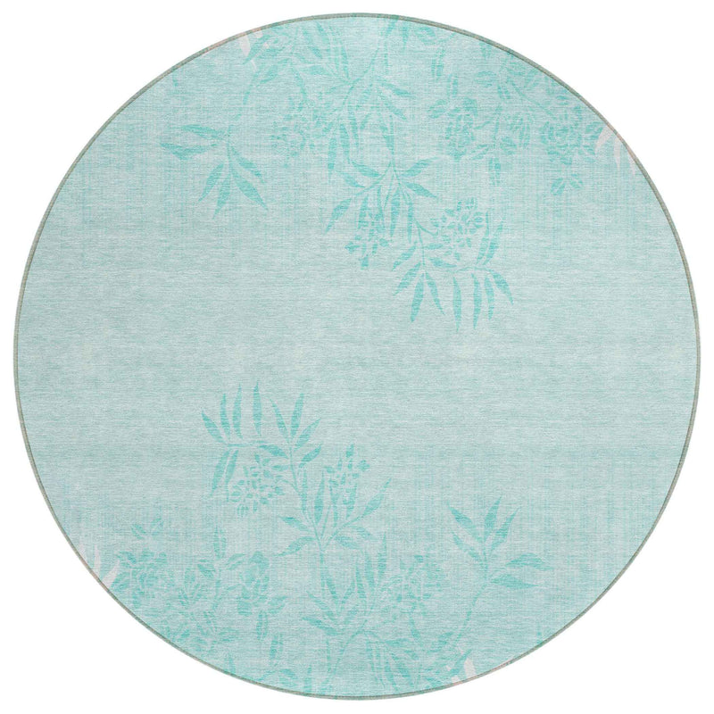 8' Teal Blue Aqua And Ivory Round Floral Washable Indoor Outdoor Area Rug