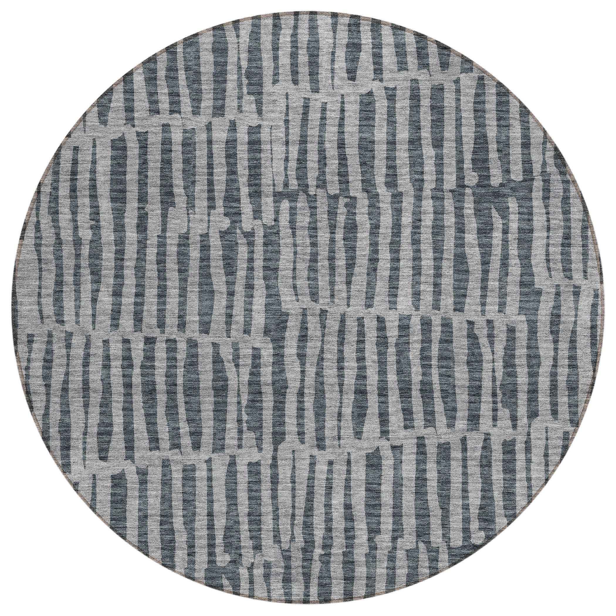 8' Charcoal And Gray Round Striped Washable Indoor Outdoor Area Rug