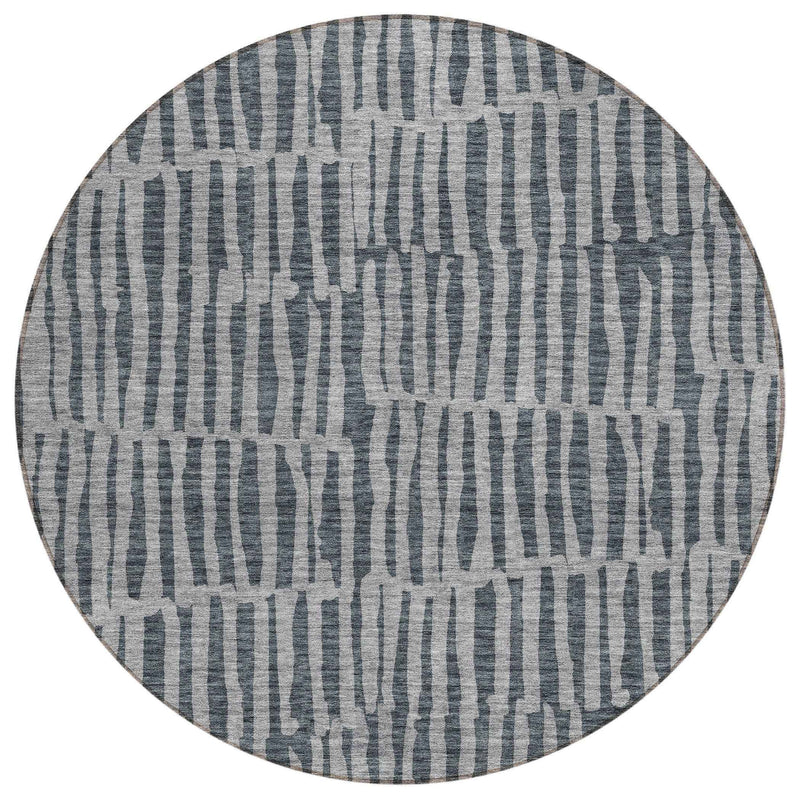 8' Charcoal And Gray Round Striped Washable Indoor Outdoor Area Rug