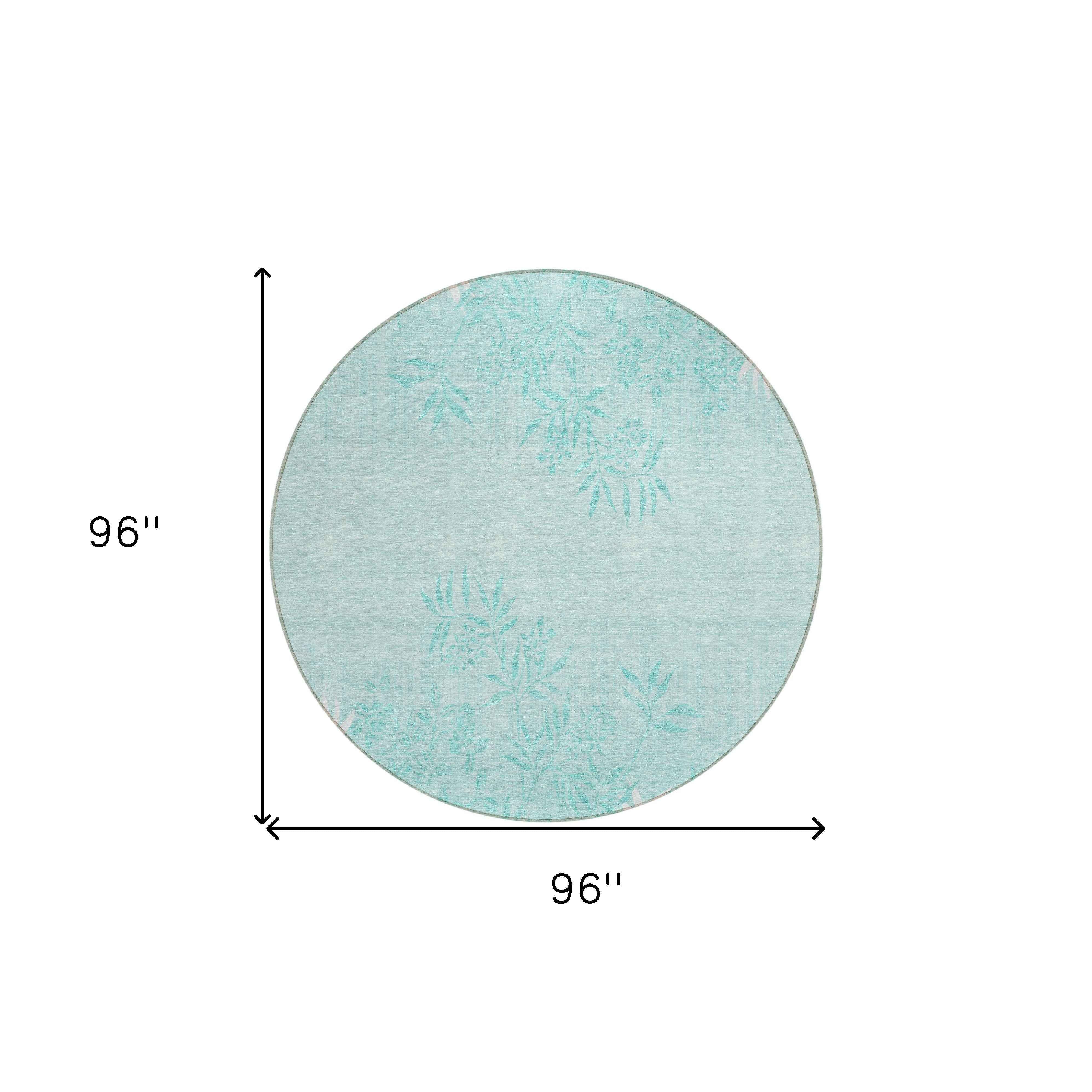 8' Teal Blue Aqua And Ivory Round Floral Washable Indoor Outdoor Area Rug