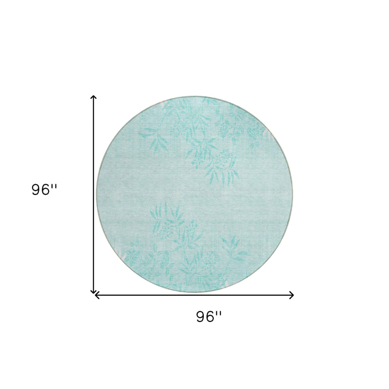 8' Teal Blue Aqua And Ivory Round Floral Washable Indoor Outdoor Area Rug