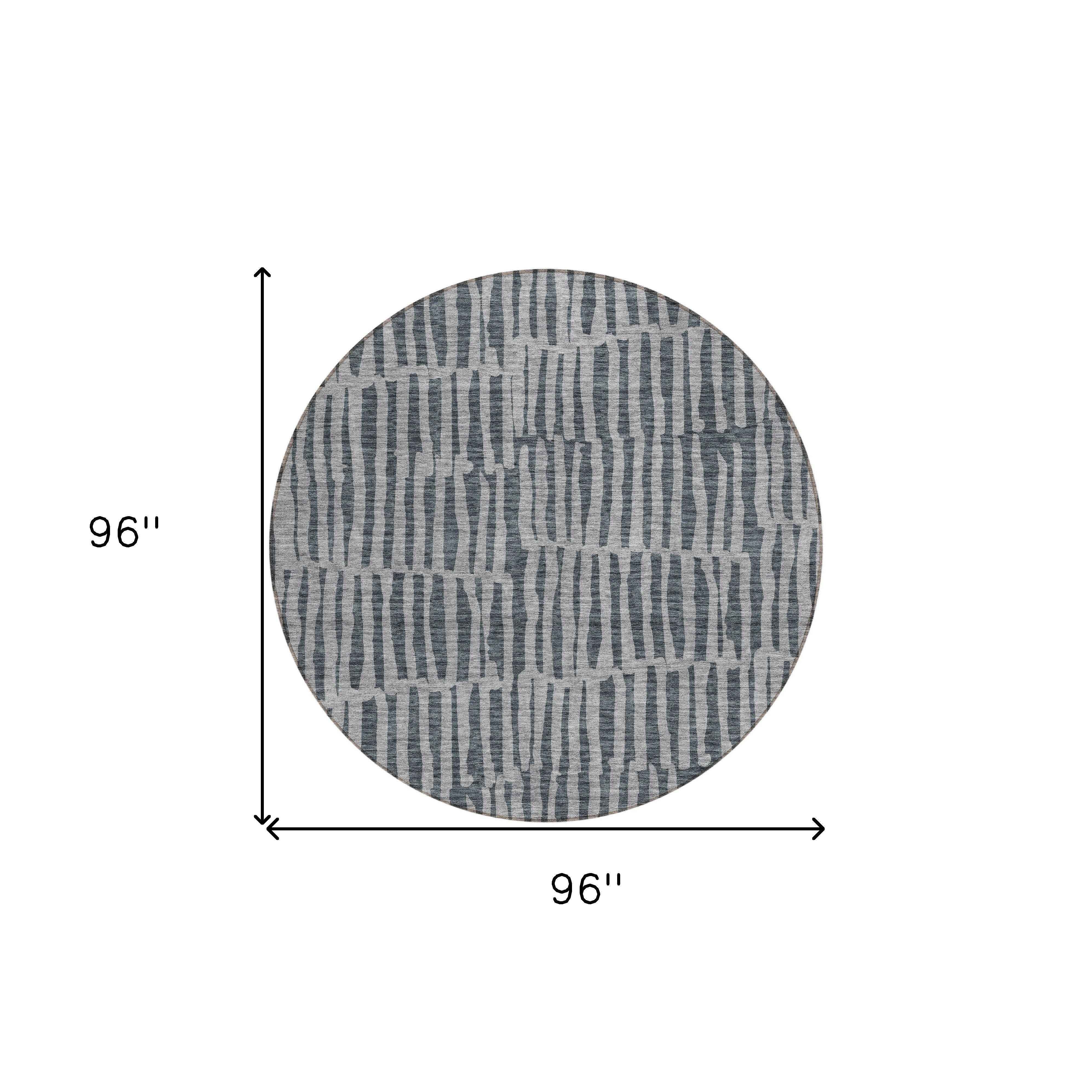 8' Charcoal And Gray Round Striped Washable Indoor Outdoor Area Rug