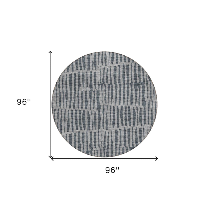 8' Charcoal And Gray Round Striped Washable Indoor Outdoor Area Rug