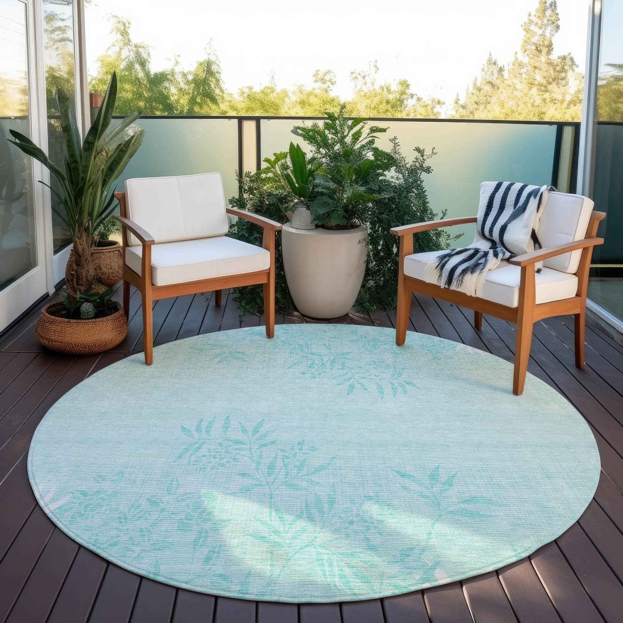 8' Teal Blue Aqua And Ivory Round Floral Washable Indoor Outdoor Area Rug