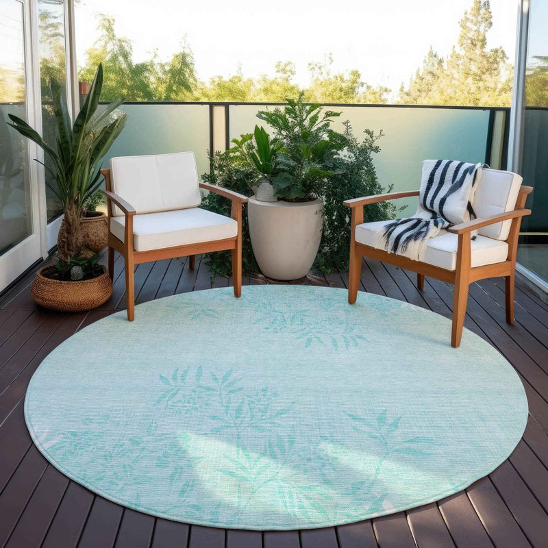 8' Teal Blue Aqua And Ivory Round Floral Washable Indoor Outdoor Area Rug