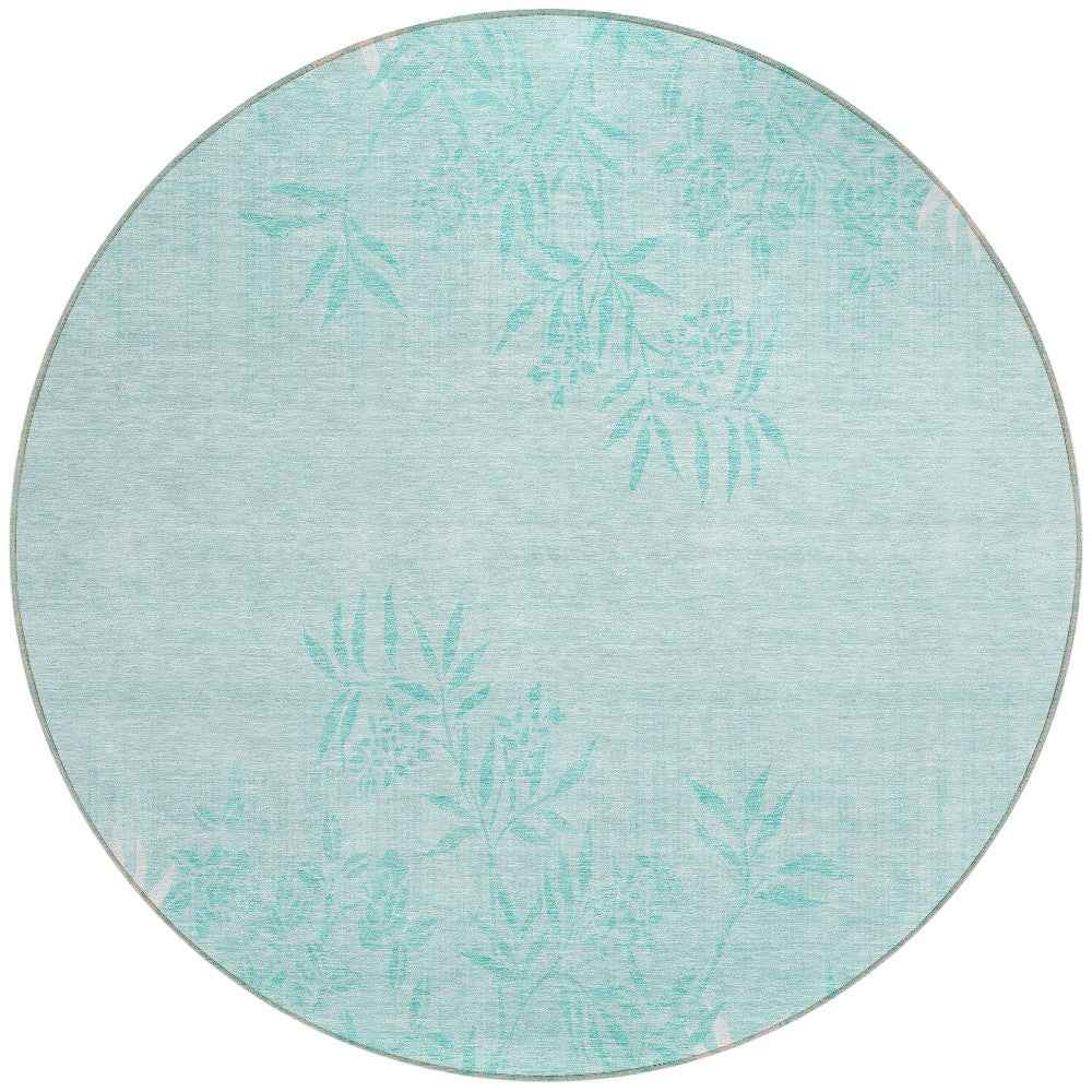 8' Teal Blue Aqua And Ivory Round Floral Washable Indoor Outdoor Area Rug