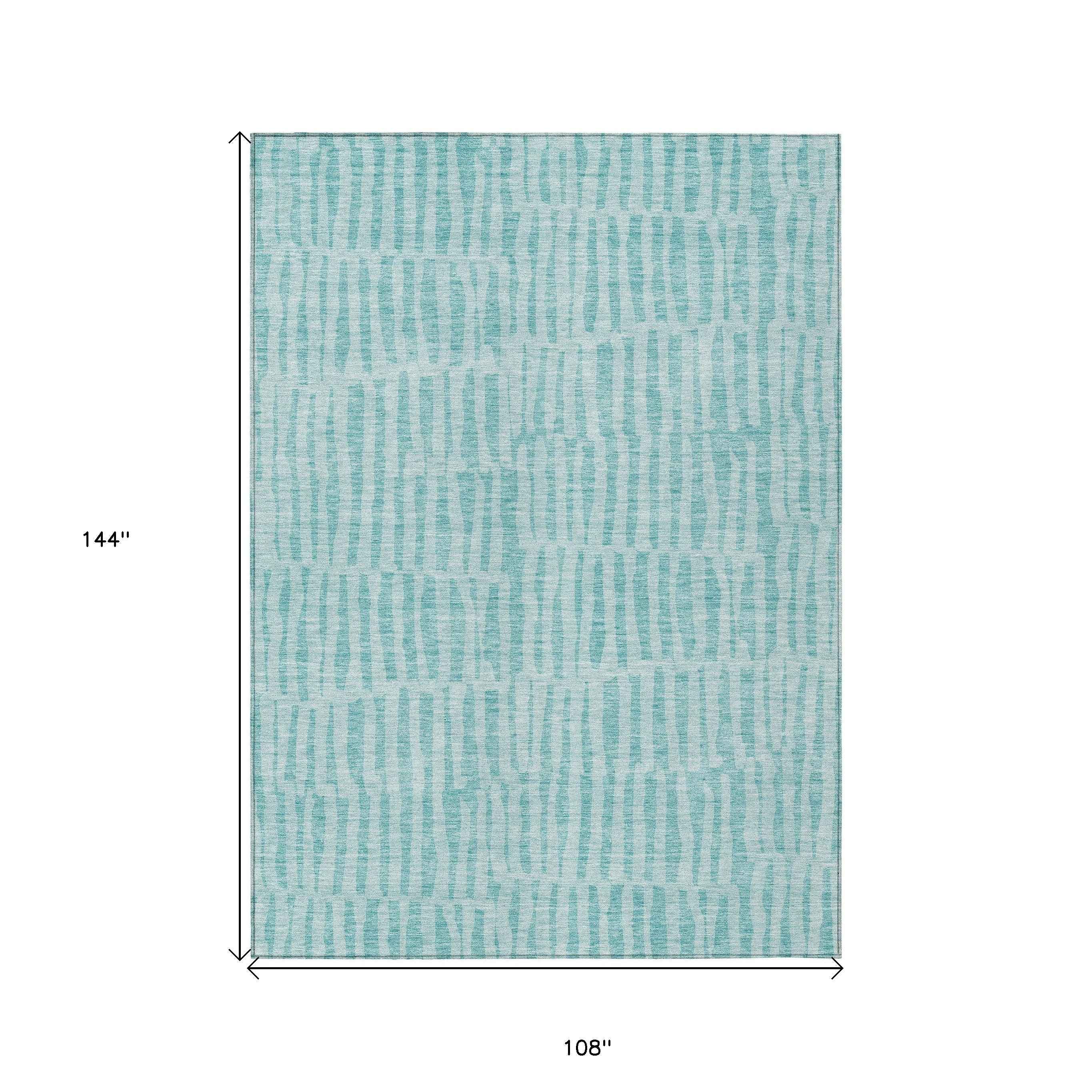 9' X 12' Teal Blue And Aqua Striped Washable Indoor Outdoor Area Rug