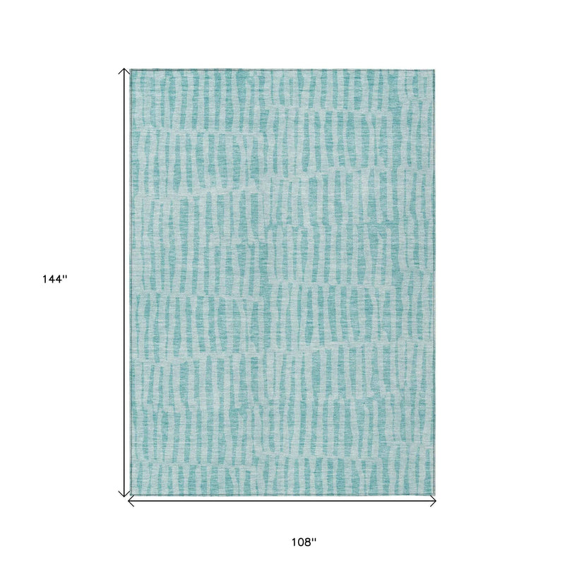 9' X 12' Teal Blue And Aqua Striped Washable Indoor Outdoor Area Rug
