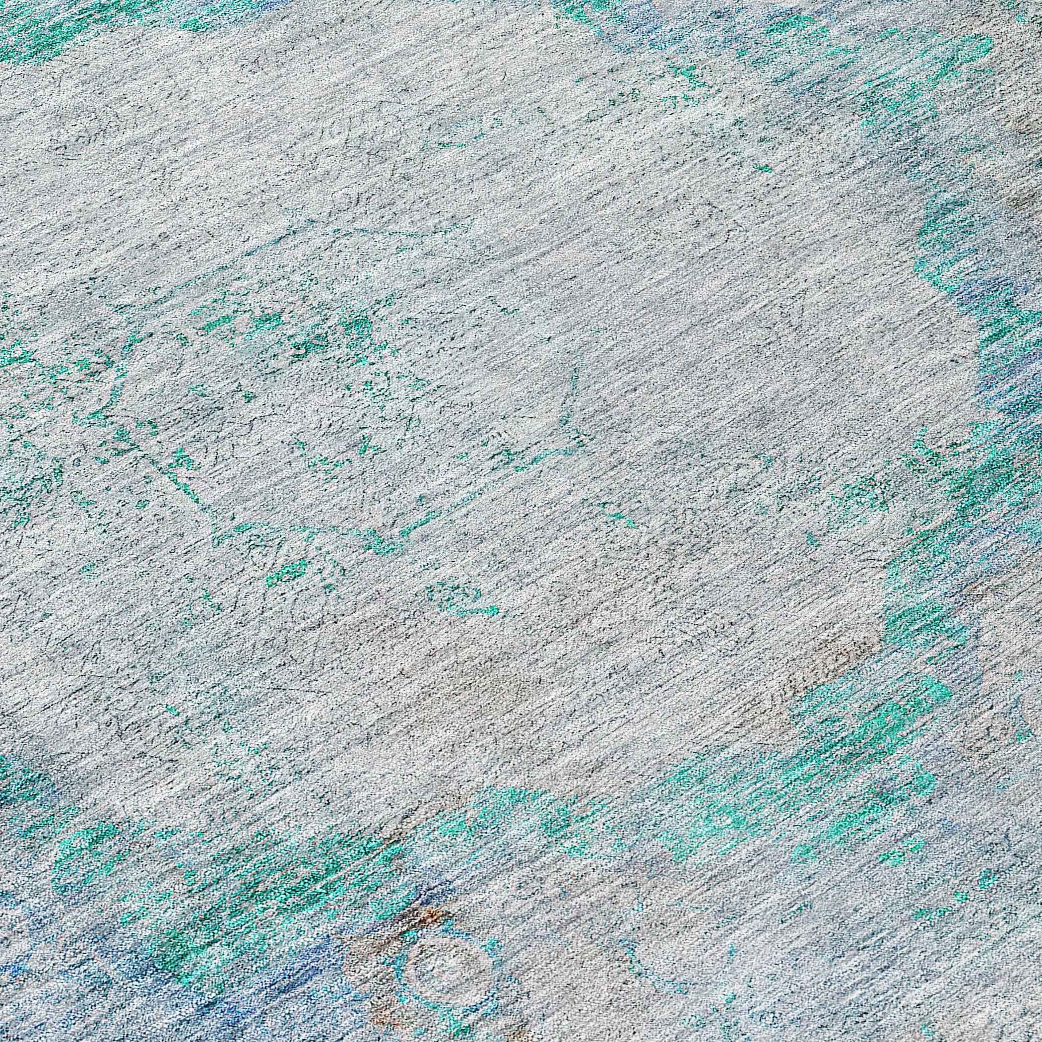 8' Teal Blue Aqua And Gray Round Oriental Washable Indoor Outdoor Area Rug
