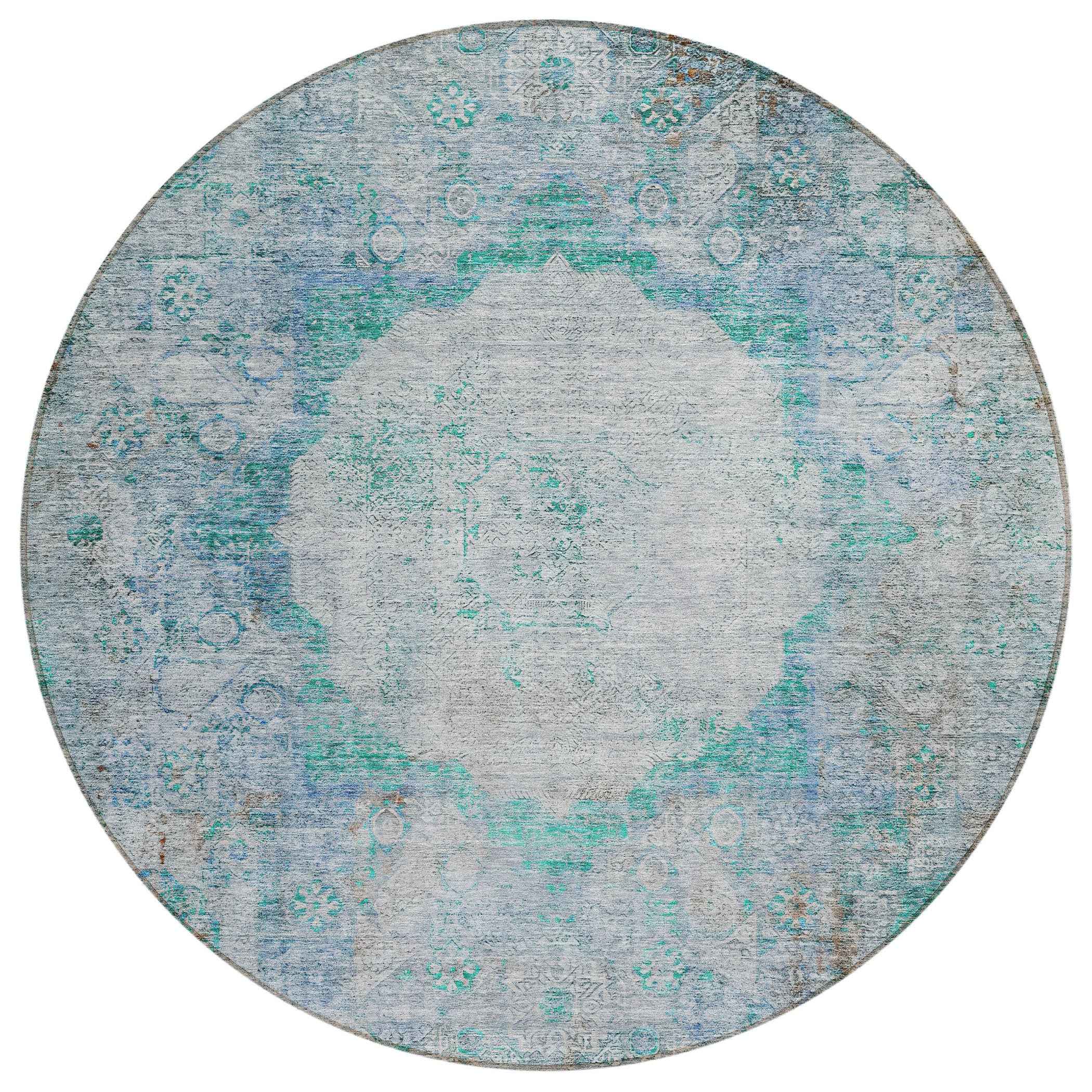 8' Teal Blue Aqua And Gray Round Oriental Washable Indoor Outdoor Area Rug
