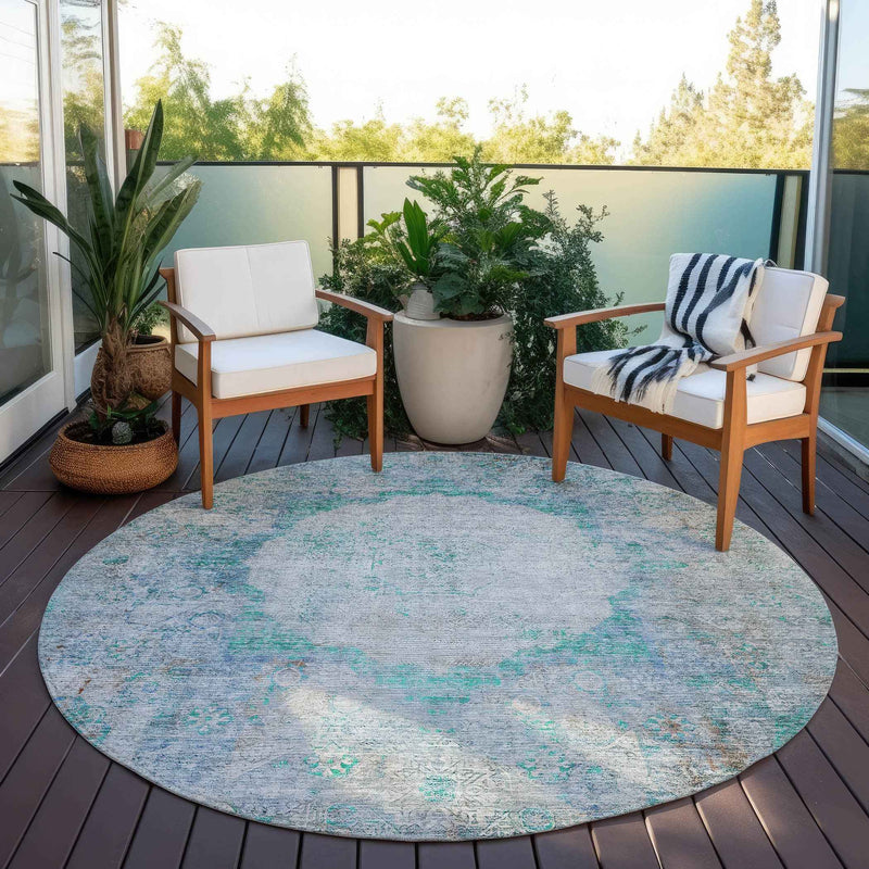 8' Teal Blue Aqua And Gray Round Oriental Washable Indoor Outdoor Area Rug