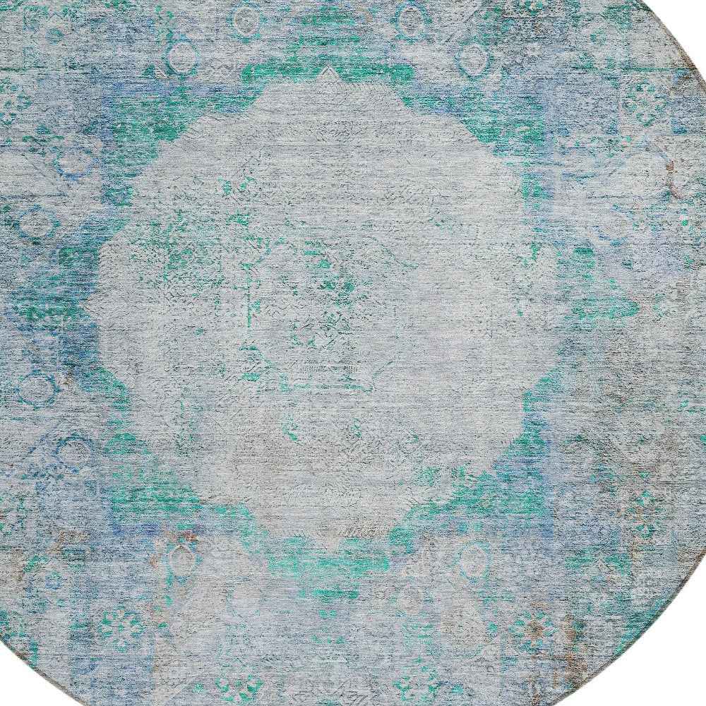 8' Teal Blue Aqua And Gray Round Oriental Washable Indoor Outdoor Area Rug