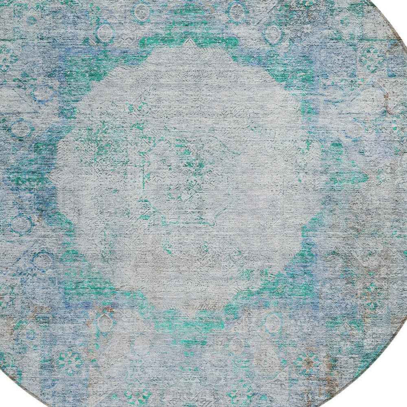 8' Teal Blue Aqua And Gray Round Oriental Washable Indoor Outdoor Area Rug