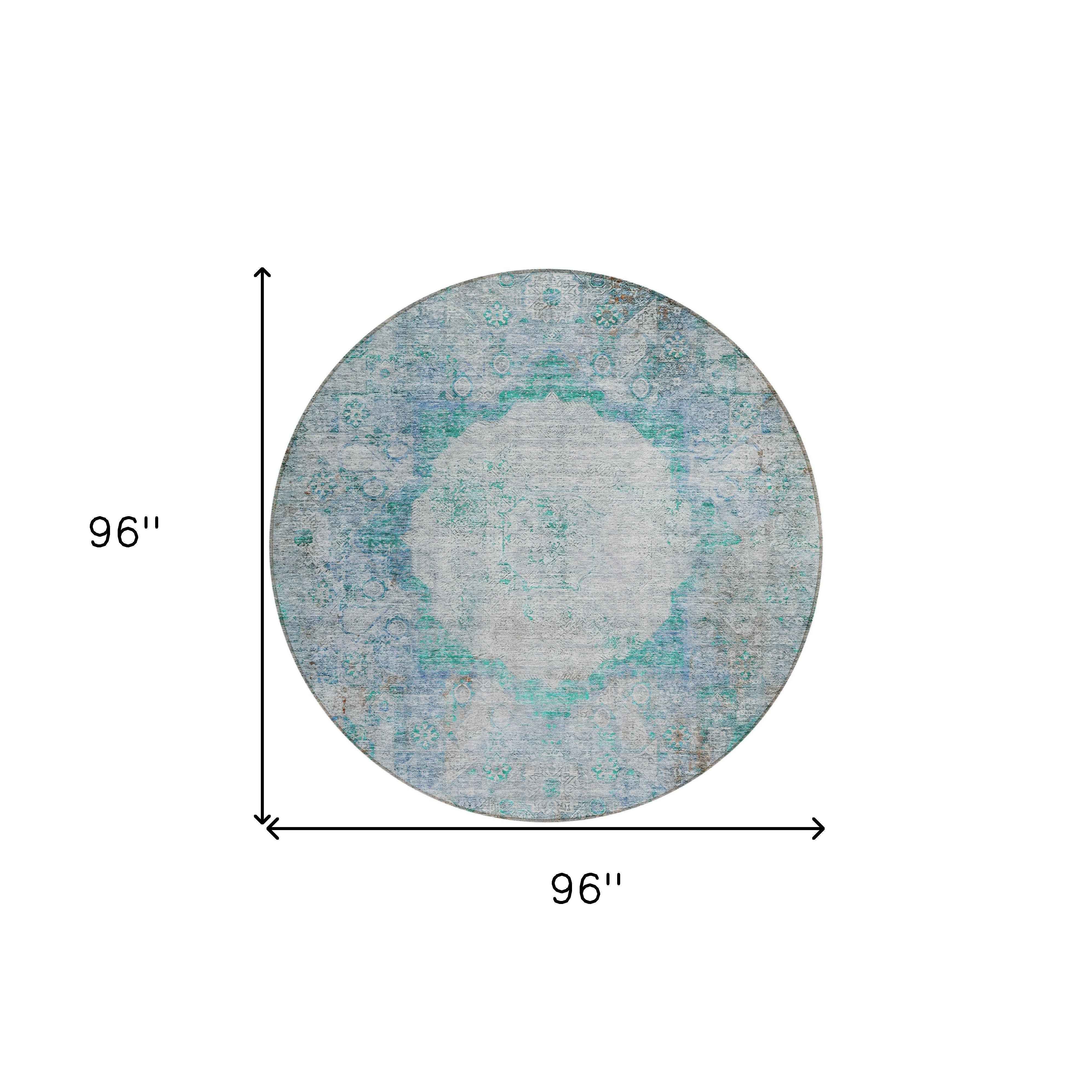 8' Teal Blue Aqua And Gray Round Oriental Washable Indoor Outdoor Area Rug