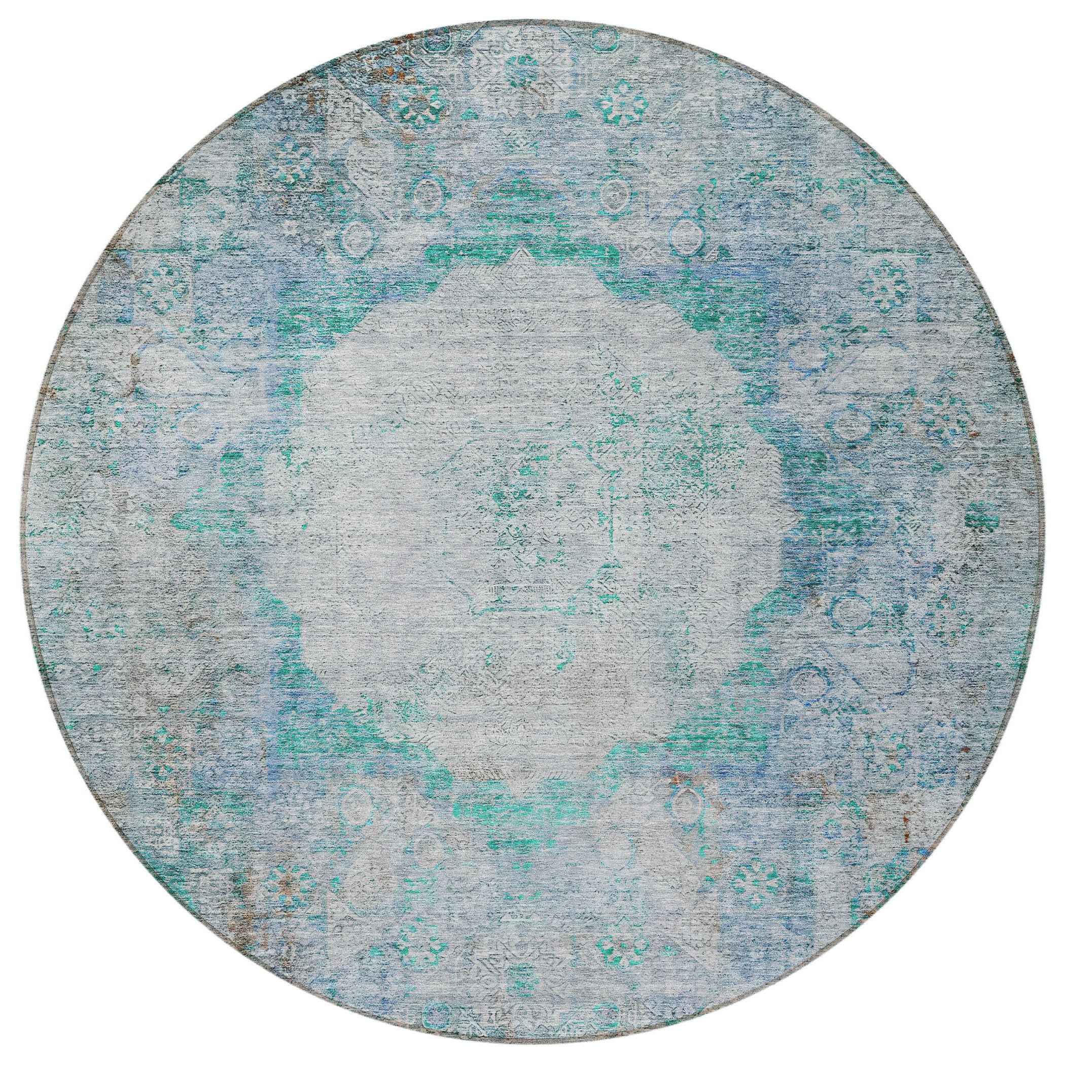 8' Teal Blue Aqua And Gray Round Oriental Washable Indoor Outdoor Area Rug
