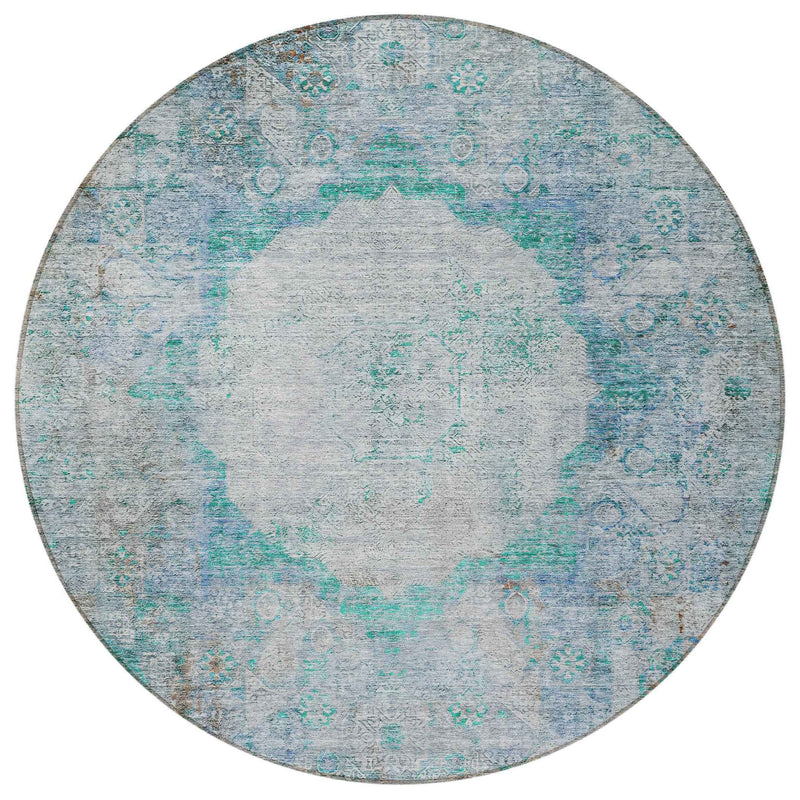 8' Teal Blue Aqua And Gray Round Oriental Washable Indoor Outdoor Area Rug