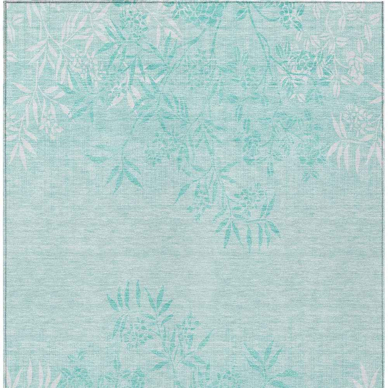 10' X 14' Teal Blue Aqua And Ivory Floral Washable Indoor Outdoor Area Rug