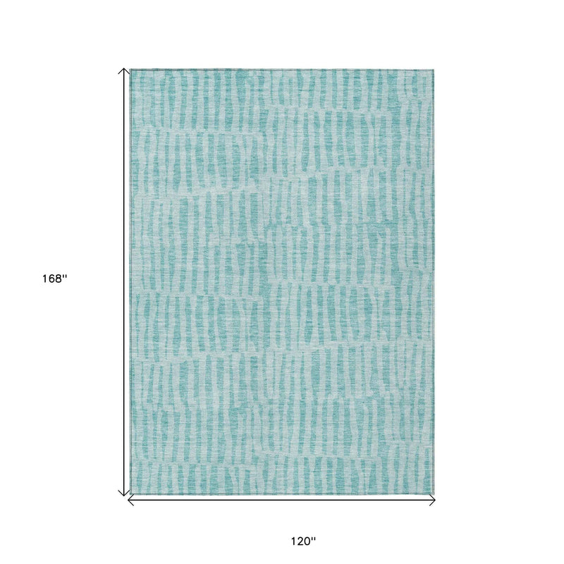 10' X 14' Teal Blue And Aqua Striped Washable Indoor Outdoor Area Rug