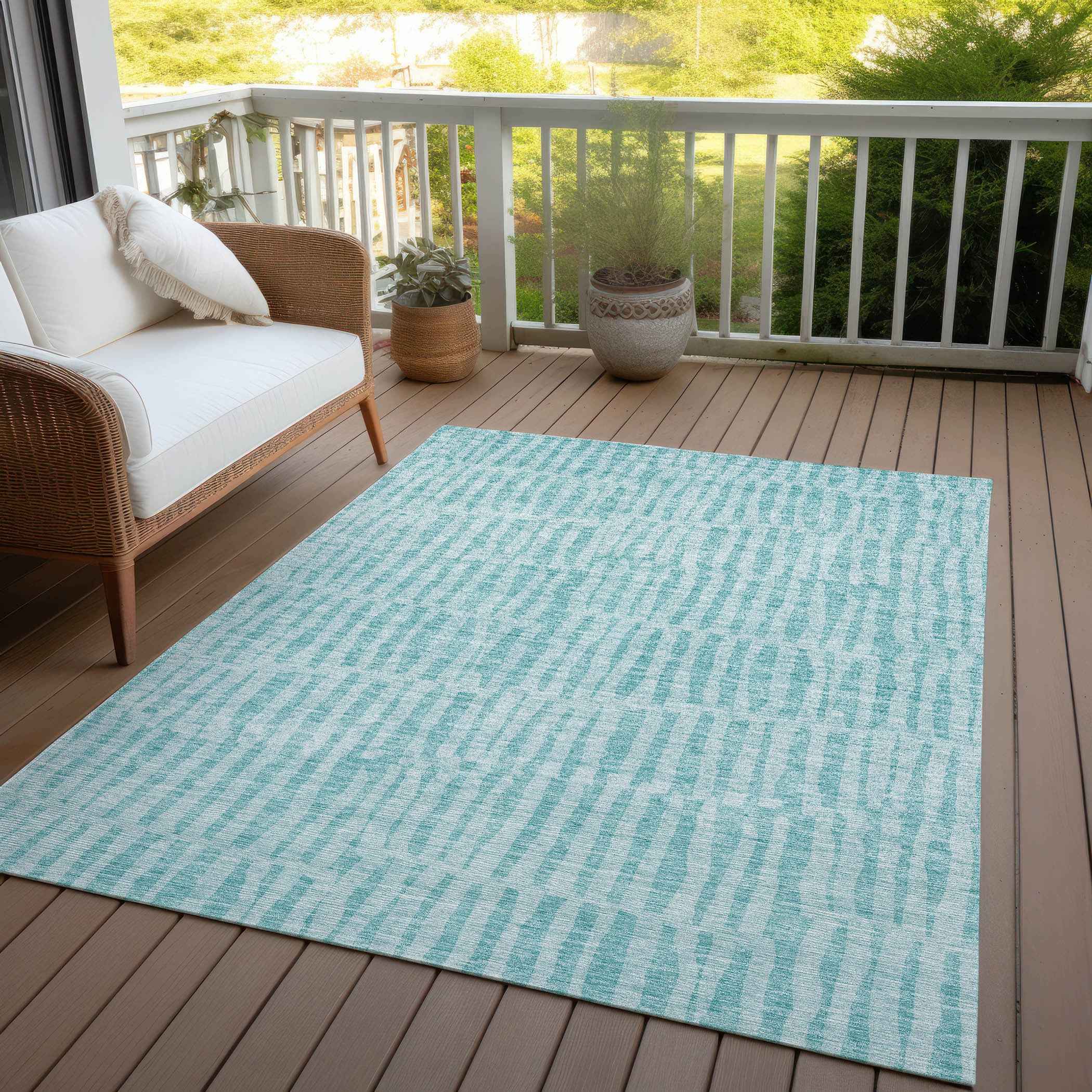 10' X 14' Teal Blue And Aqua Striped Washable Indoor Outdoor Area Rug