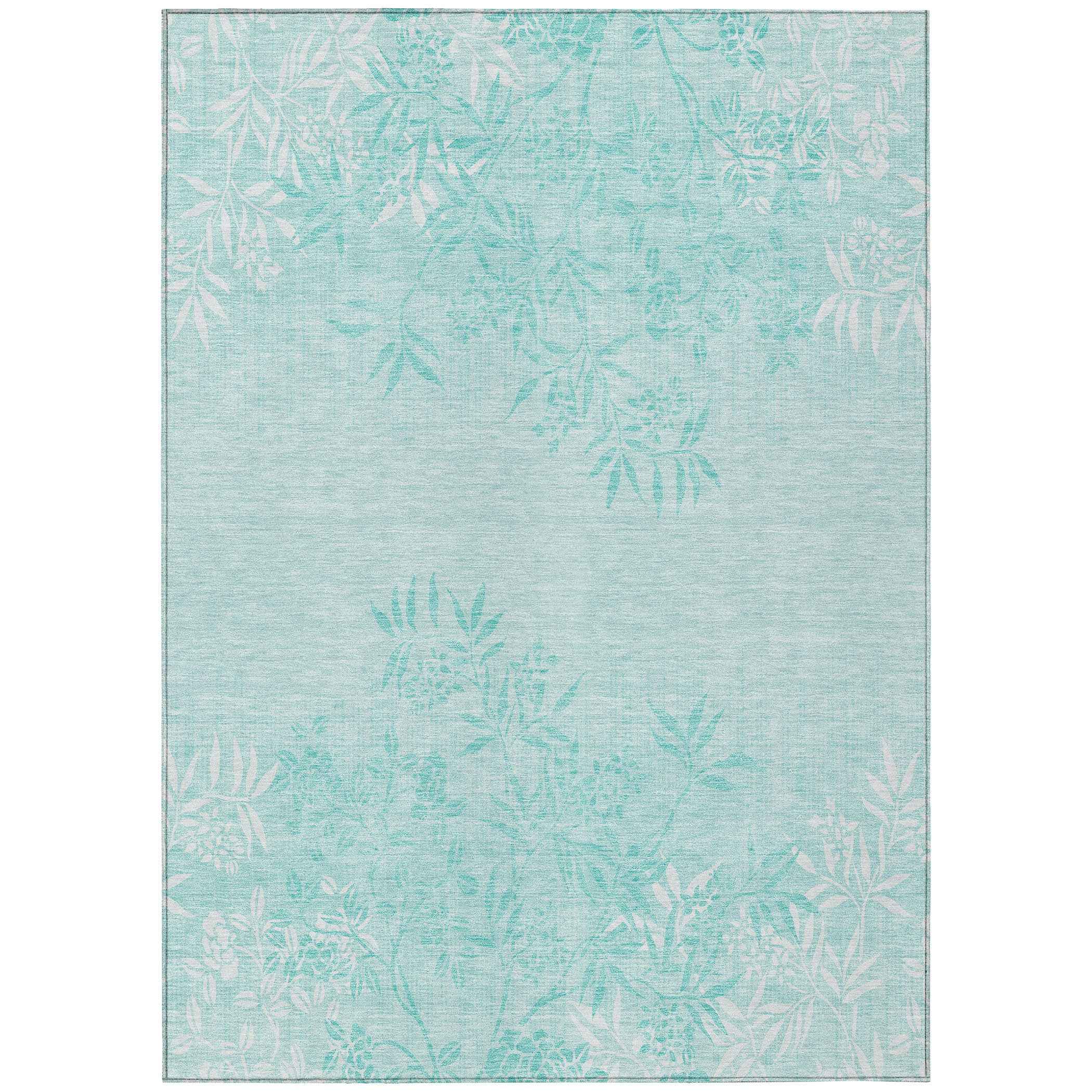 10' X 14' Teal Blue Aqua And Ivory Floral Washable Indoor Outdoor Area Rug