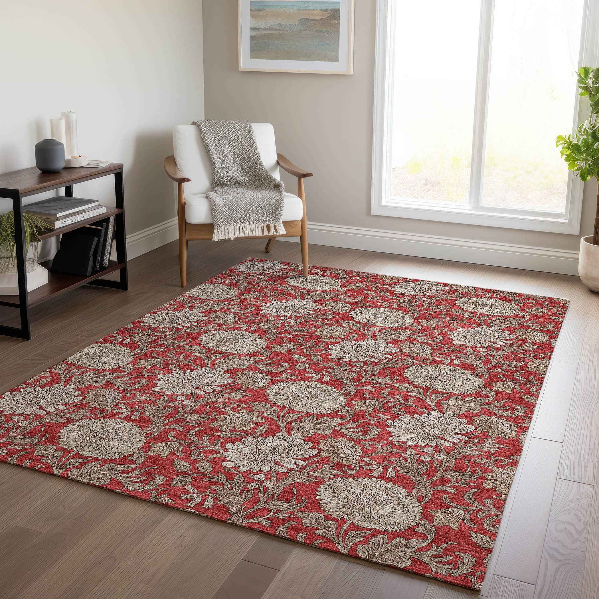 9' X 12' Red Taupe And Beige Floral Washable Indoor Outdoor Area Rug