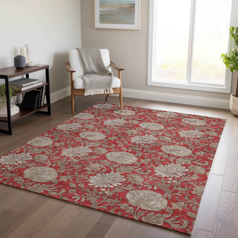 9' X 12' Red Taupe And Beige Floral Washable Indoor Outdoor Area Rug