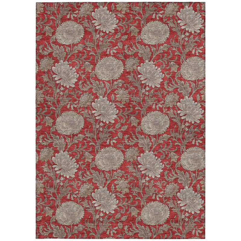 9' X 12' Red Taupe And Beige Floral Washable Indoor Outdoor Area Rug