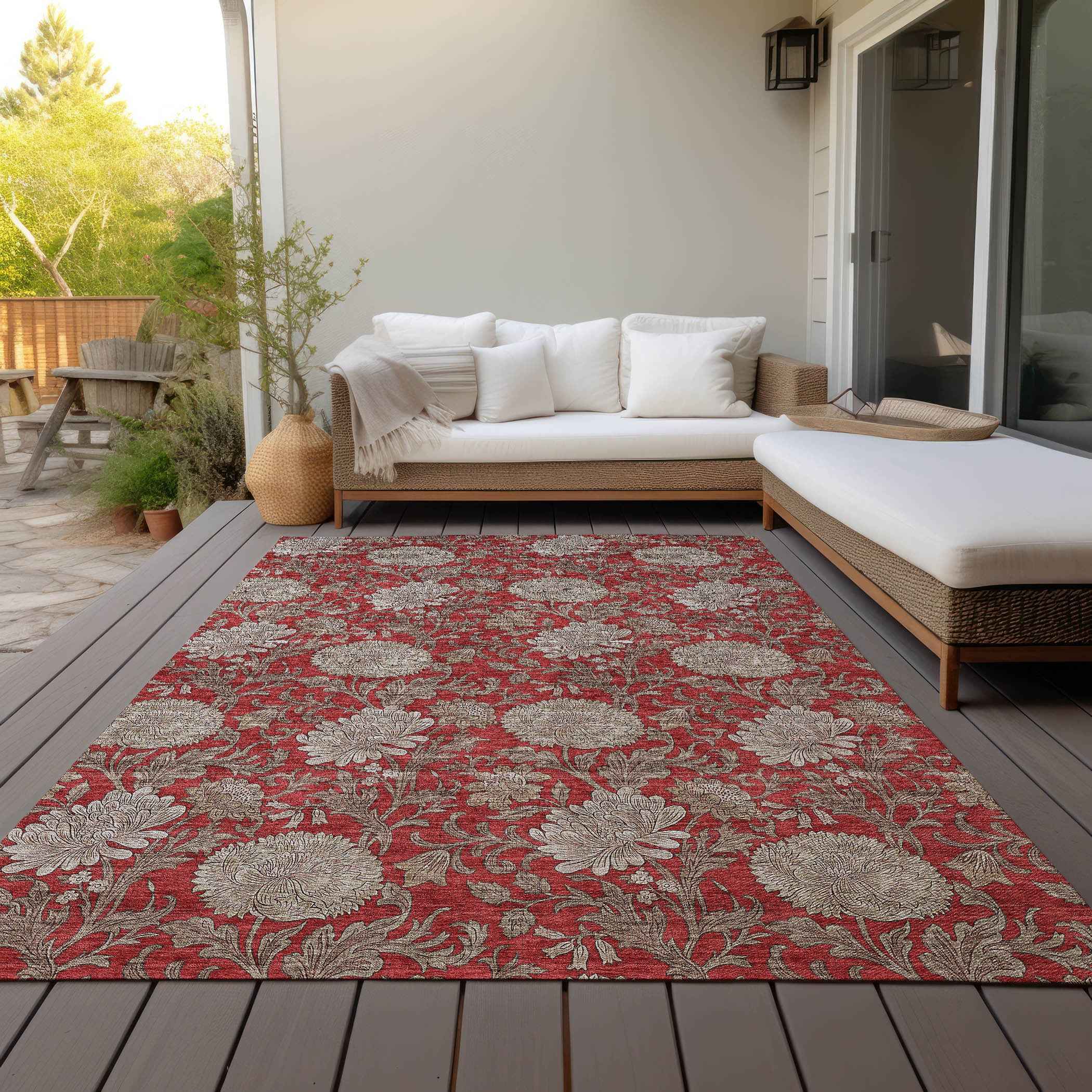 9' X 12' Red Taupe And Beige Floral Washable Indoor Outdoor Area Rug