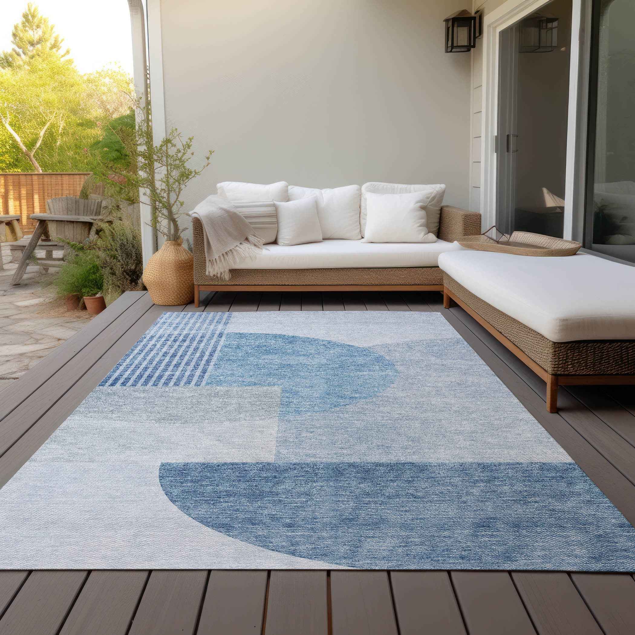 9' X 12' Navy Blue And Sky Blue Geometric Washable Indoor Outdoor Area Rug