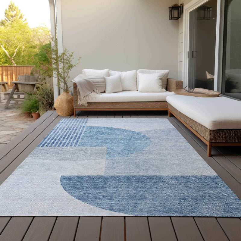 9' X 12' Navy Blue And Sky Blue Geometric Washable Indoor Outdoor Area Rug