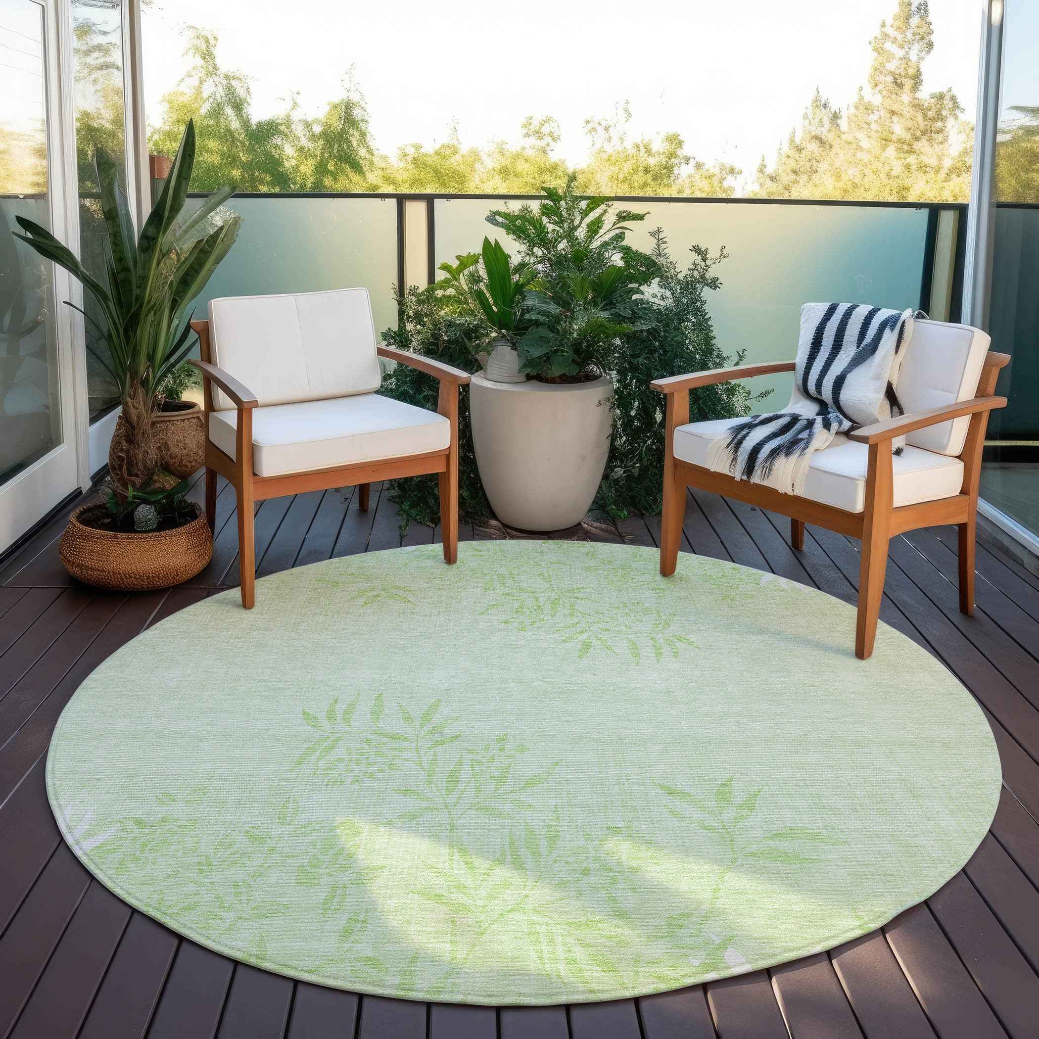 8' Mint Green Artichoke Green And Ivory Round Floral Washable Indoor Outdoor Area Rug