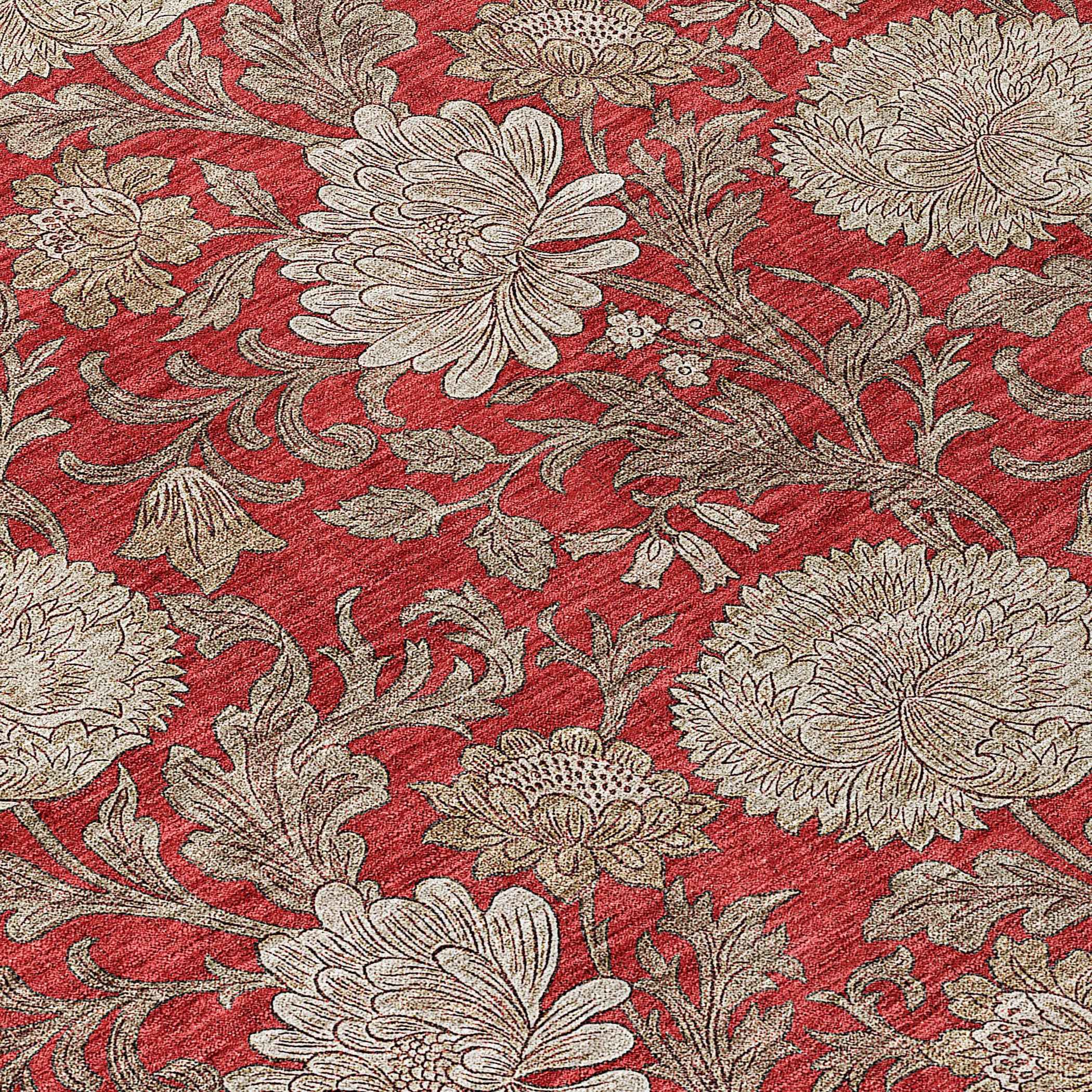 10' X 14' Red Taupe And Beige Floral Washable Indoor Outdoor Area Rug